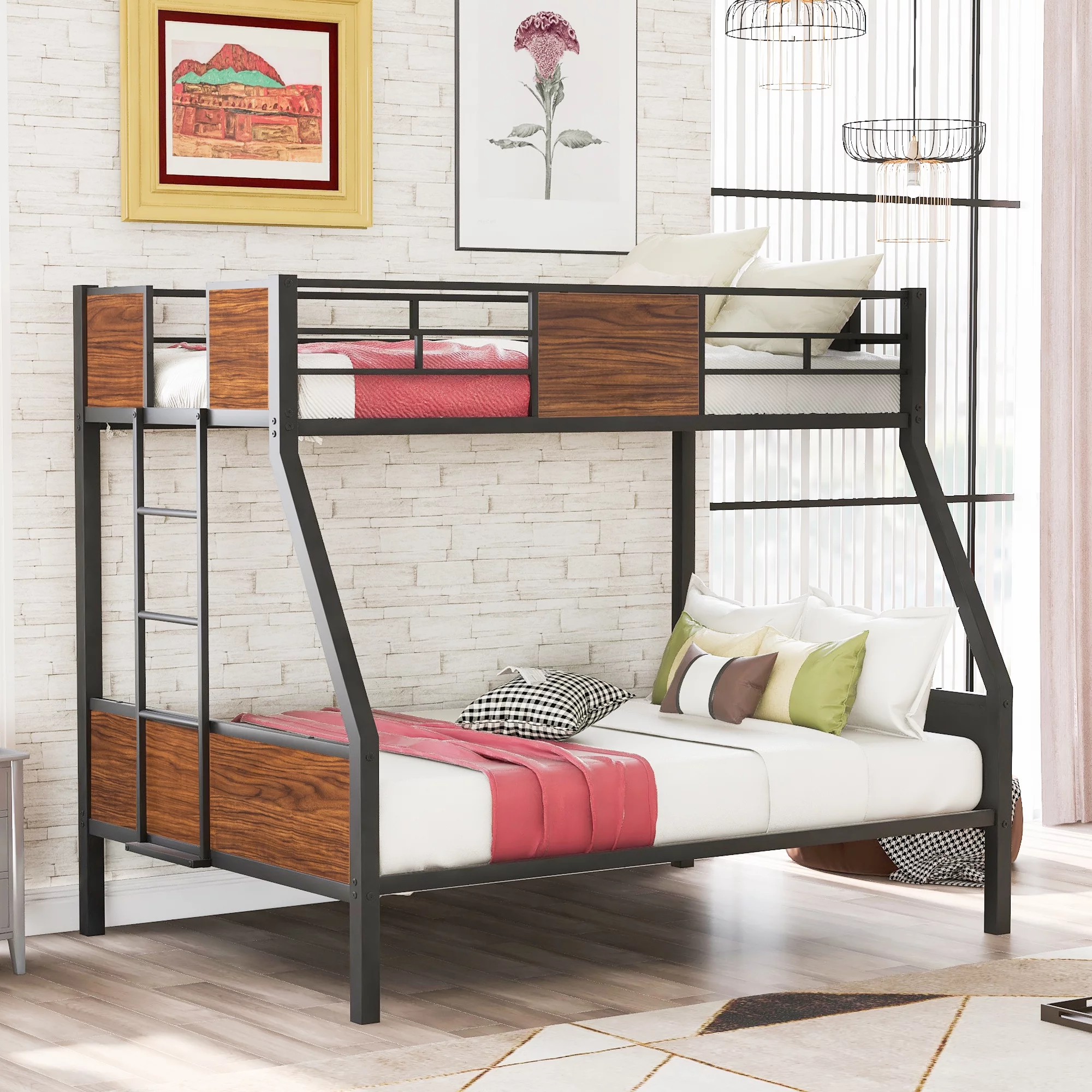 CoSoTower Twin-Over-Full Bunk Bed Modern Style Steel Frame Bunk Bed With Safety Rail, Built-In Ladder For Bedroom, Dorm, Boys, Girls, Adults
