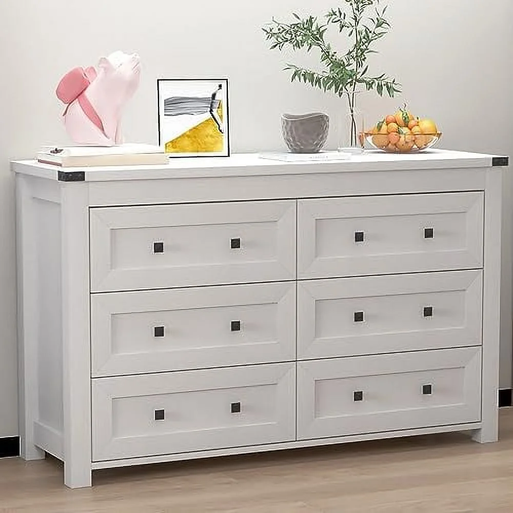 NLIBOOMLife 6 Drawer Double Dresser.Wood Dressers & chests of Drawers for and Organization for Bedroom Closet Living Room Hallway.47.2" D x 15.5" W x 29.5" H.White.
