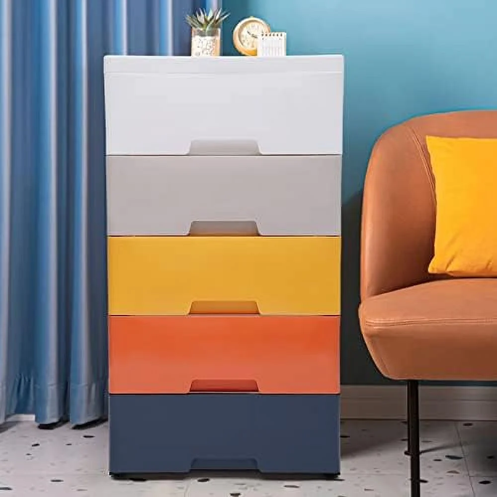 NLIBOOMLife Plastic Drawers Dresser 5 Drawers Dressers Chests with Wheels Cabinet Toys Snacks Organizer for Bedroom Living Room Playroom (Gradient Blue)
