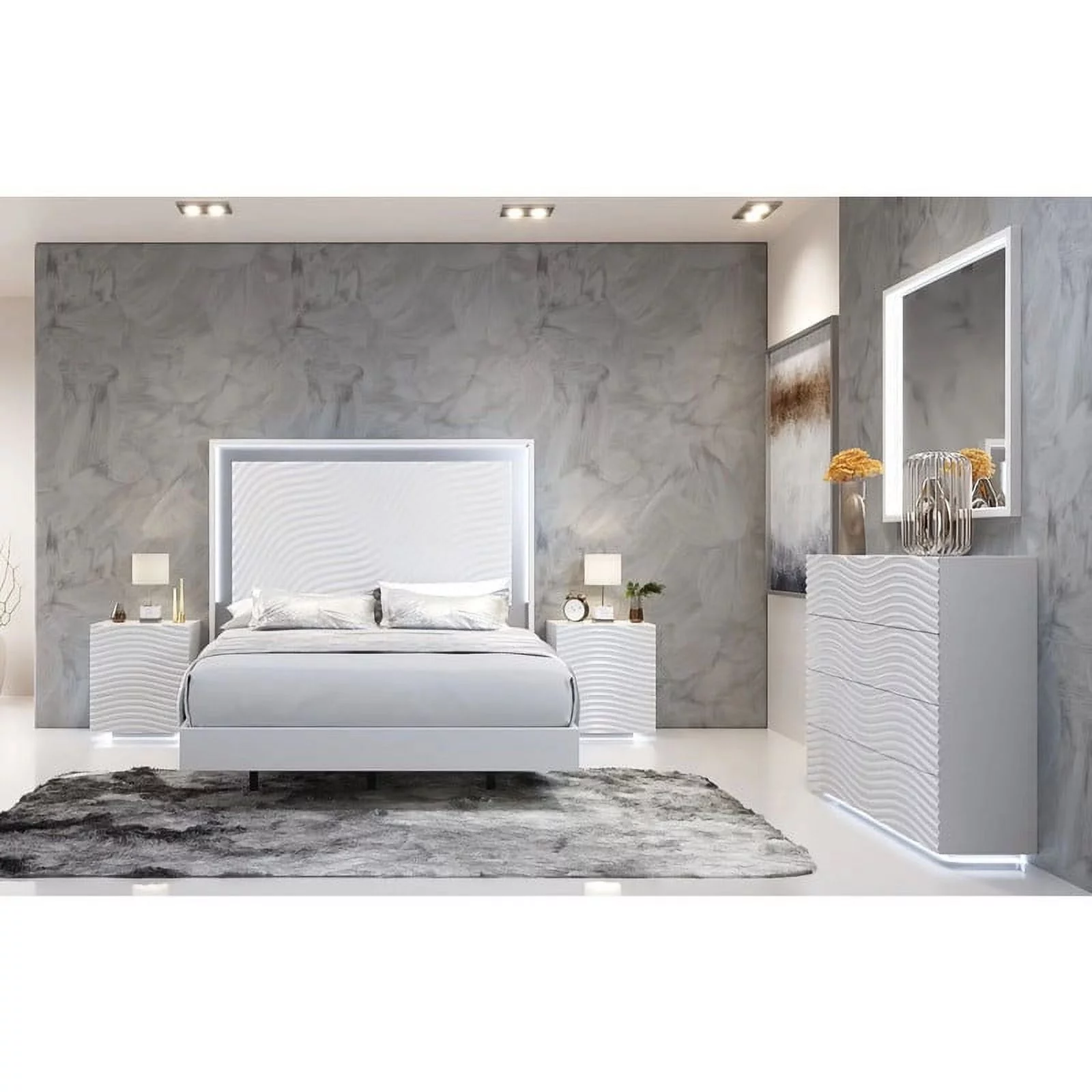 Wave Modern 5-Piece Bedroom Set in White, Queen Size