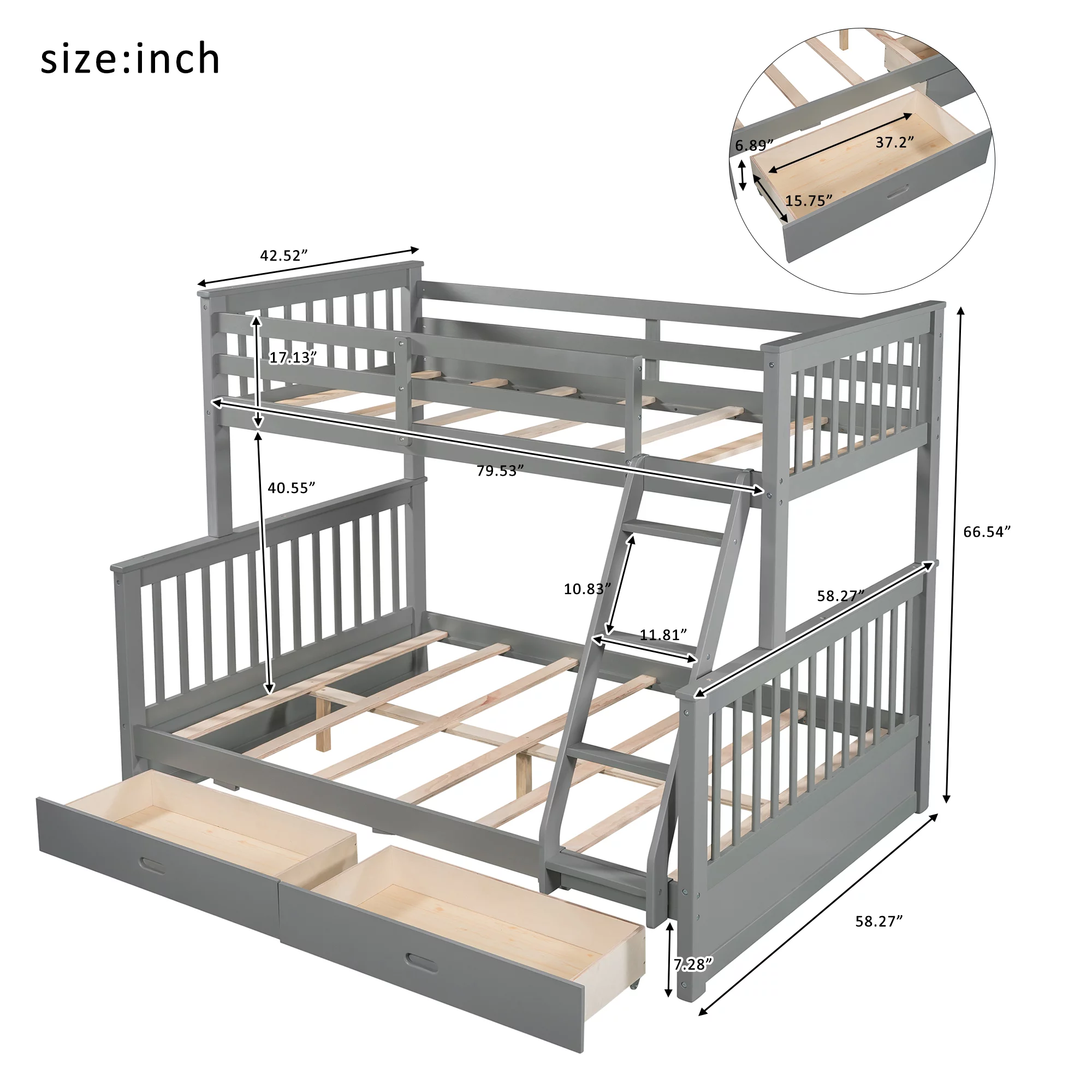 Gray Twin-Over-Full Bunk Bed with Ladders and Two Storage Drawers