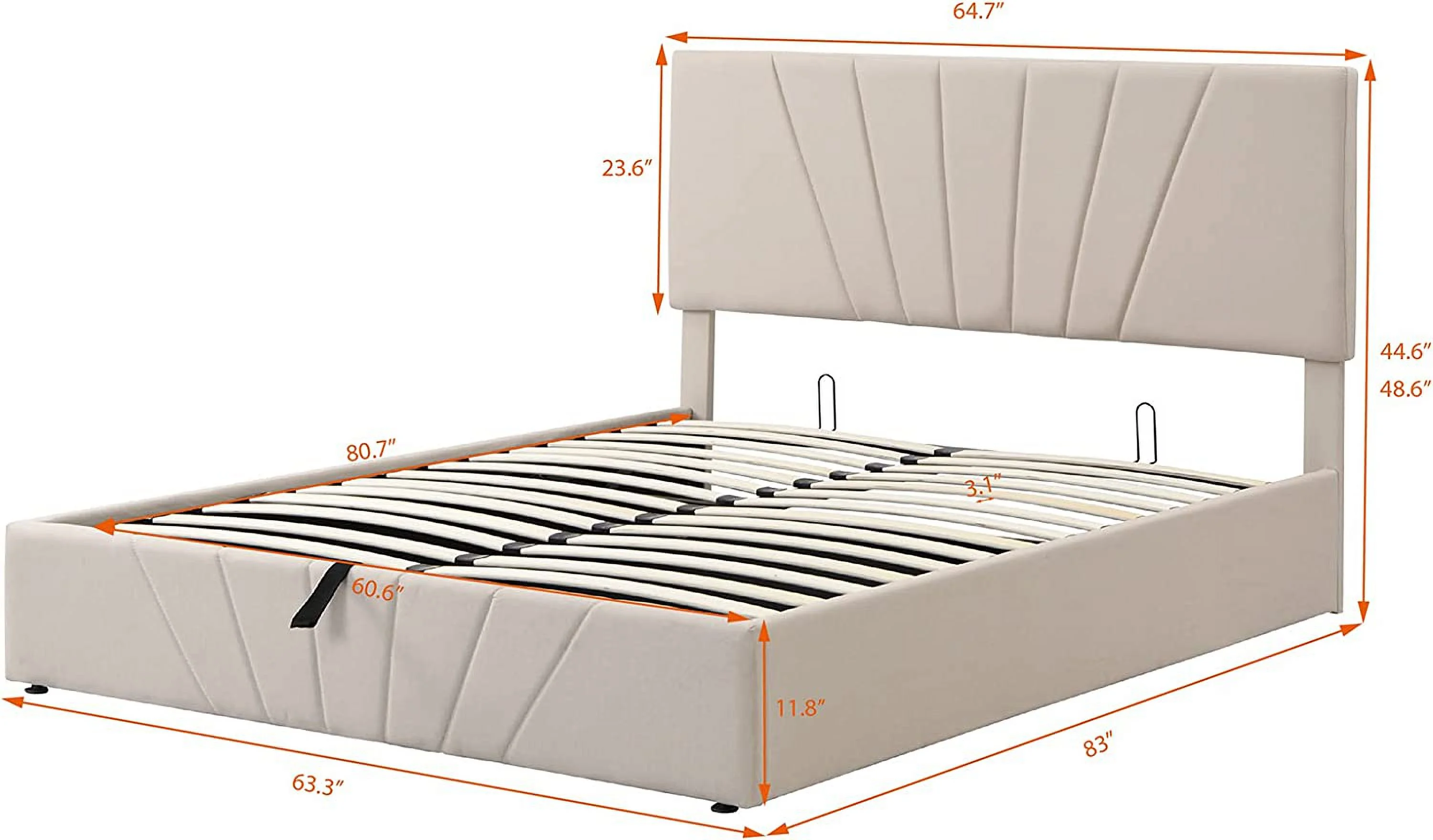 Quee Bed Wih Sorage Udereah, Upholsered Plaform Bed Wih Lif Up Sorage Ad ufed Headboard, Woode Bed Frame For ees Aduls (Quee Size, Beige)