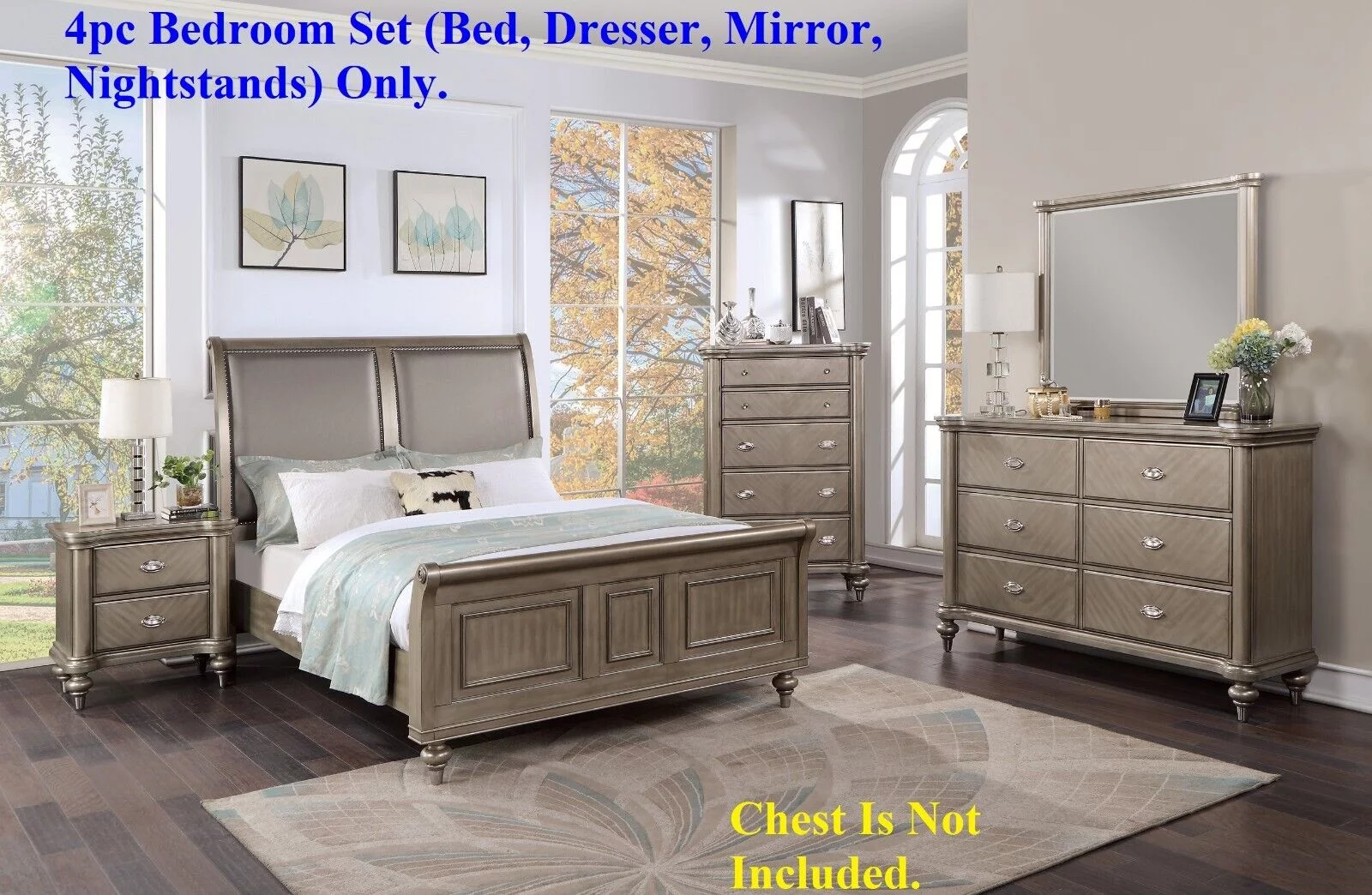 Formal Grey Finish 4p Bedroom Furniture California King Size Bed Dresser Mirror Nightstand Sleigh HB Upholstered HB Classic FB