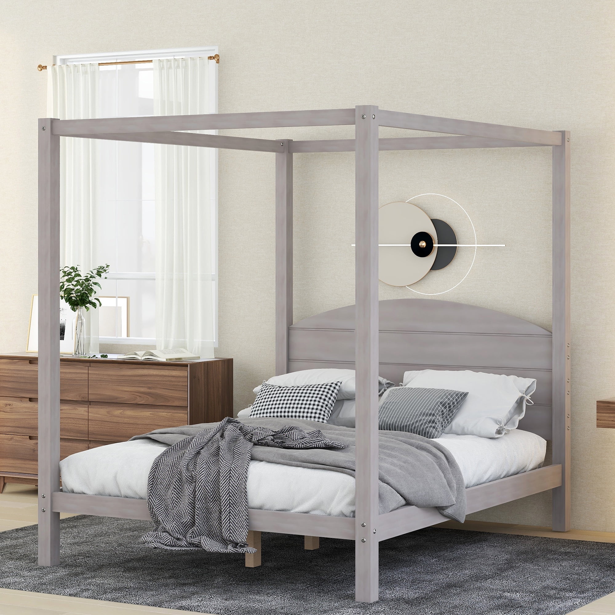 EUROCO Wood Queen Size Canopy Bed, Solid Wood Platform Bed with Headboard for Kids Bedroom, Gray