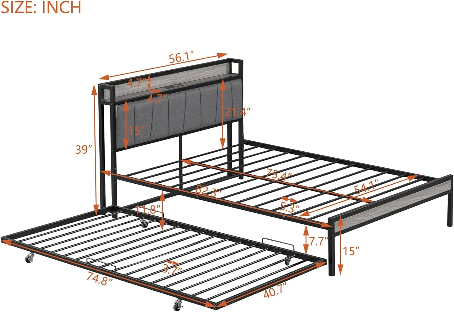 YGDU Full Size Metal Platform Bed Frame with Twin Size Trundle, Upholstered headboard, Sockets, USB Ports, and Slat Support, No Box Spring Needed, Black