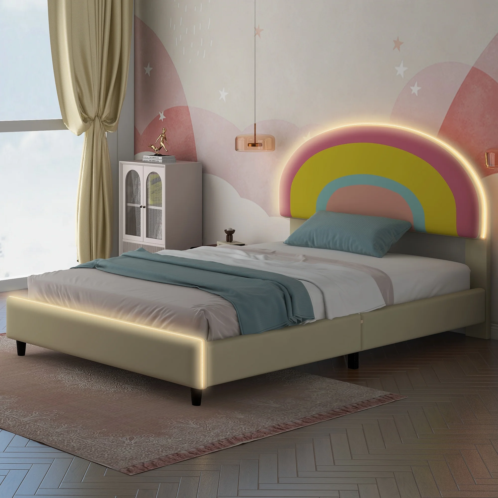 Twin Size Upholstered Platform Bed with Rainbow Shaped and Height-adjustbale Headboard,Beige(Expected Arrival Time:1.28)