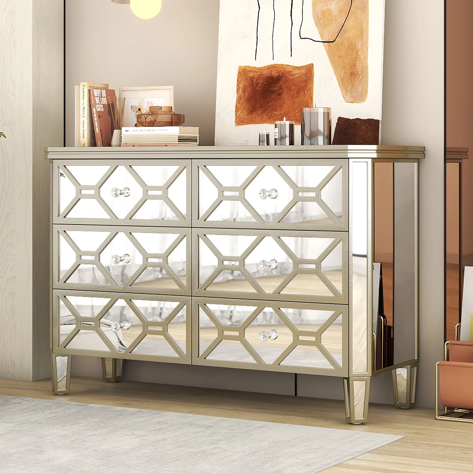 Elegant Mirrored 6-Drawer Dresser with Golden Lines for Living Room, Bedroom