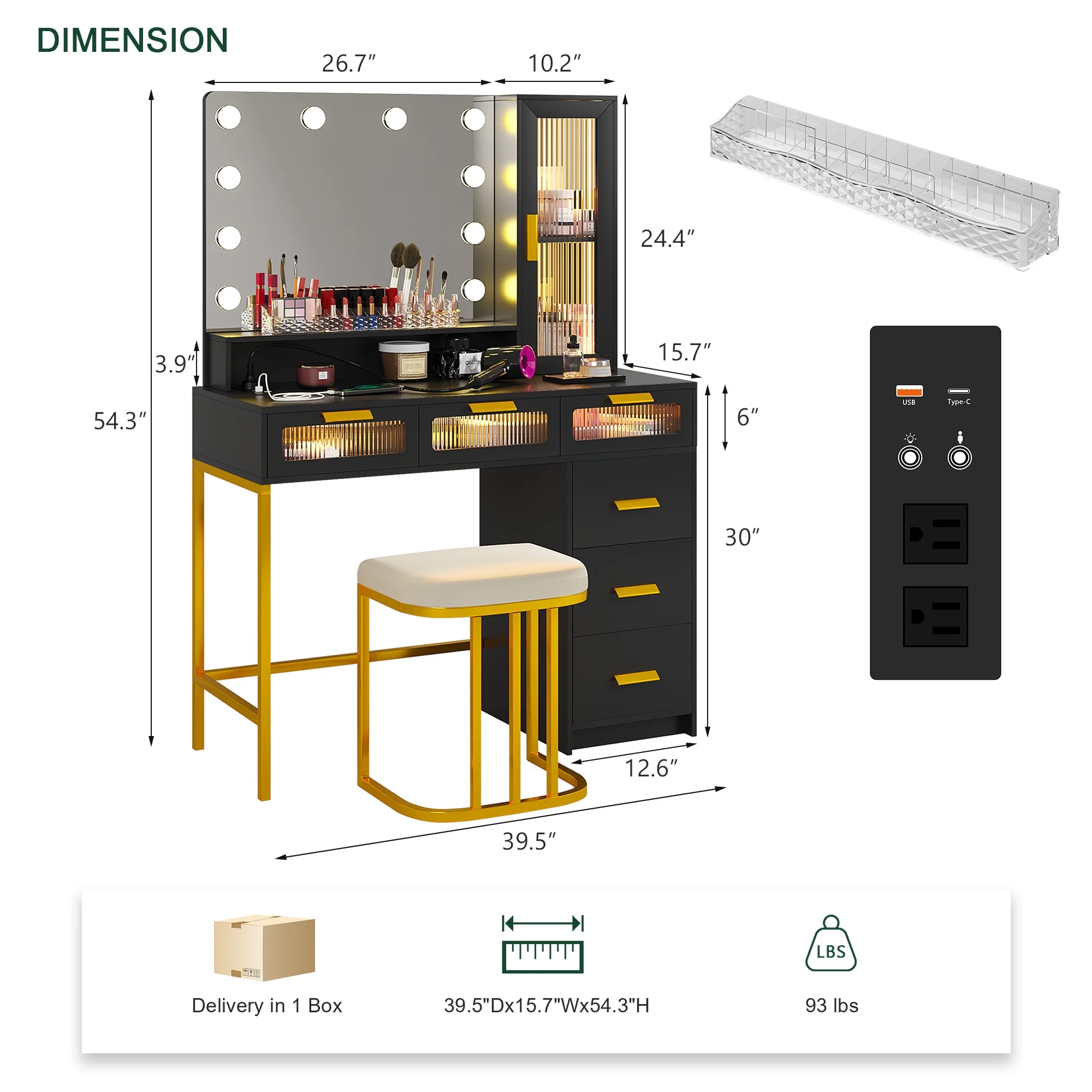 HNEBC Makeup Vanity with Lights, Vanity Makeup Desk with Charging Station,Vanity Table Set with VanityMirror, Vanitys with 6 Drawers/Stool, with Senser Mode Dressing Table, Black