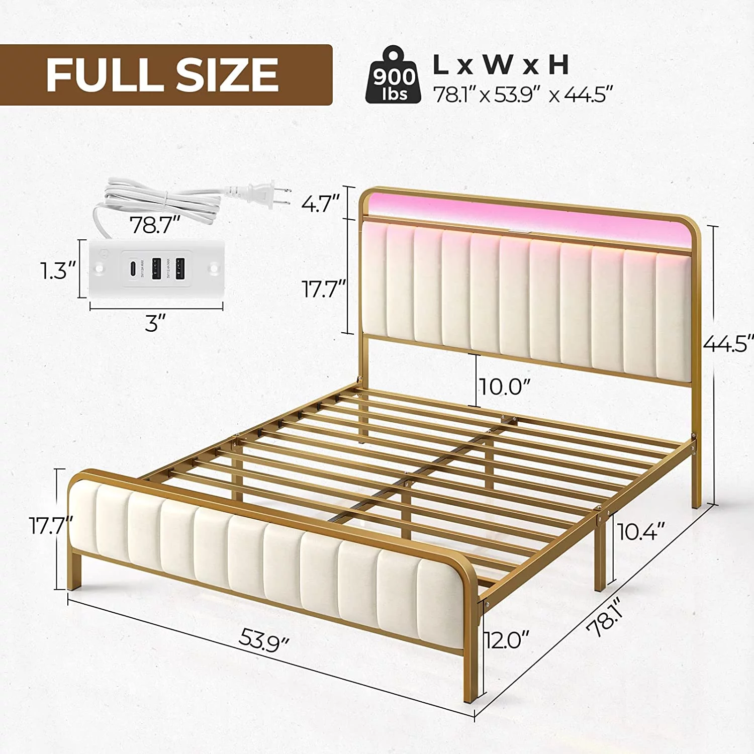YGDU Bed Frame Full Size with Charging Station and LED Lights, Upholstered Velvet Bed with Headboard Footboard, Heavy Duty Metal Slat, No Box Spring Need, Noise Free, Easy Assembly, Golden Color