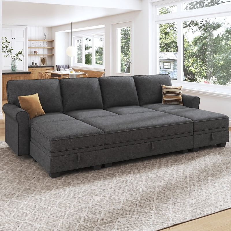 HONBAY Convertible Sofa Bed Storage Sleeper Sectional Sofa Couch with Storage and Storage Ottomans with Chaise Longue for Living Room and Home Office, Dark Grey