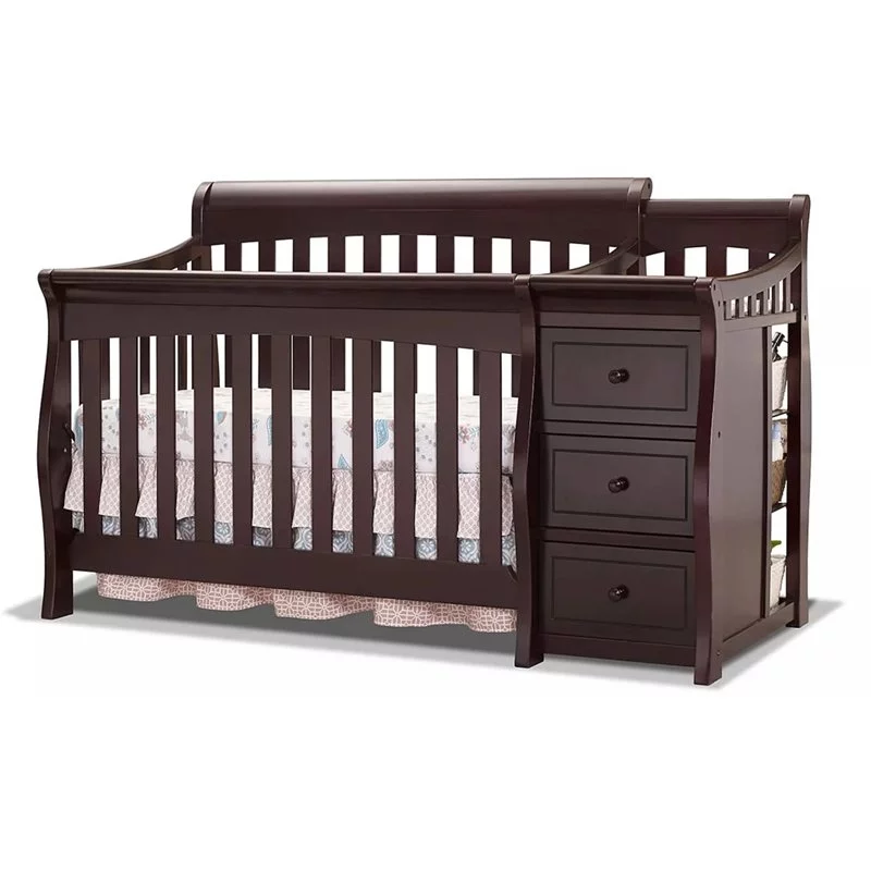 Baby Crib with Changing Table and 4 Drawer Dresser Chest Set in Espresso
