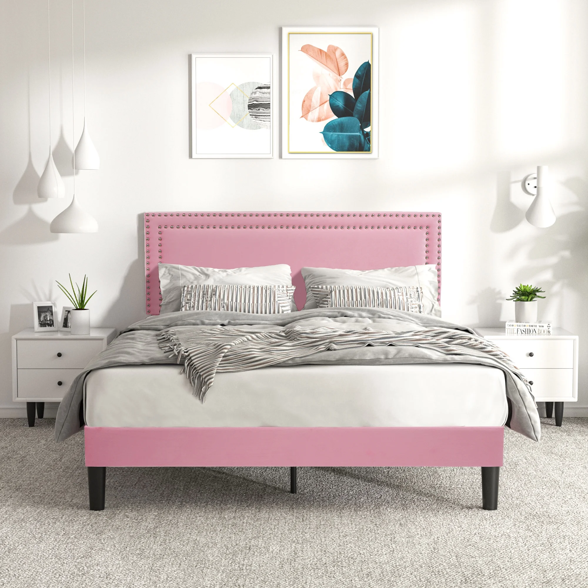 VECELO Full Size Platform Bed Frame with Adjustable Height Upholstered Headboard, Strong Wood Slat Support, No Box Spring Needed, Pink