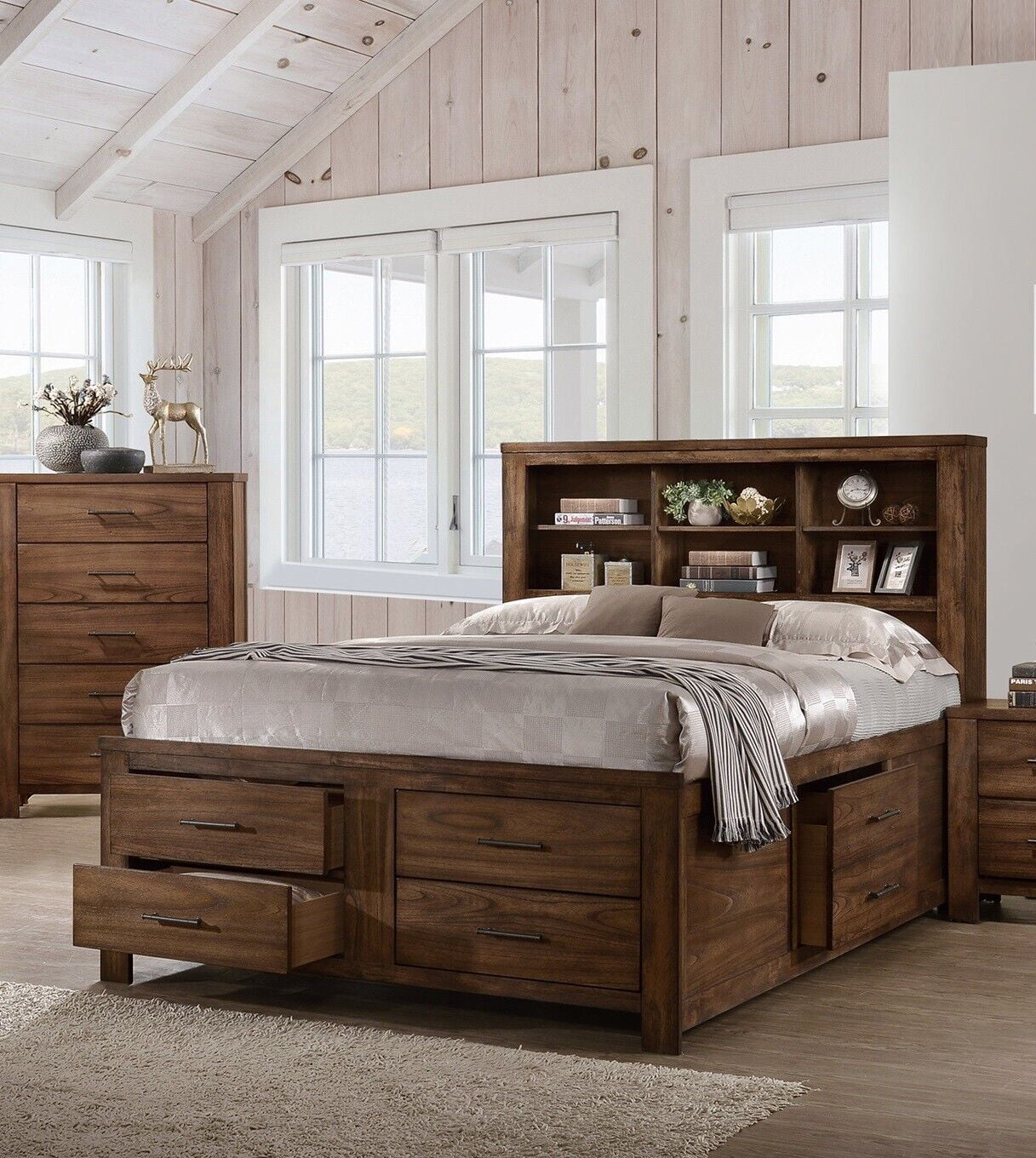 Bedroom Furniture Captain Storage 1pc Eastern King Size Bed w Drawers Bedframe Natural Wooden Finish Antique Transitional
