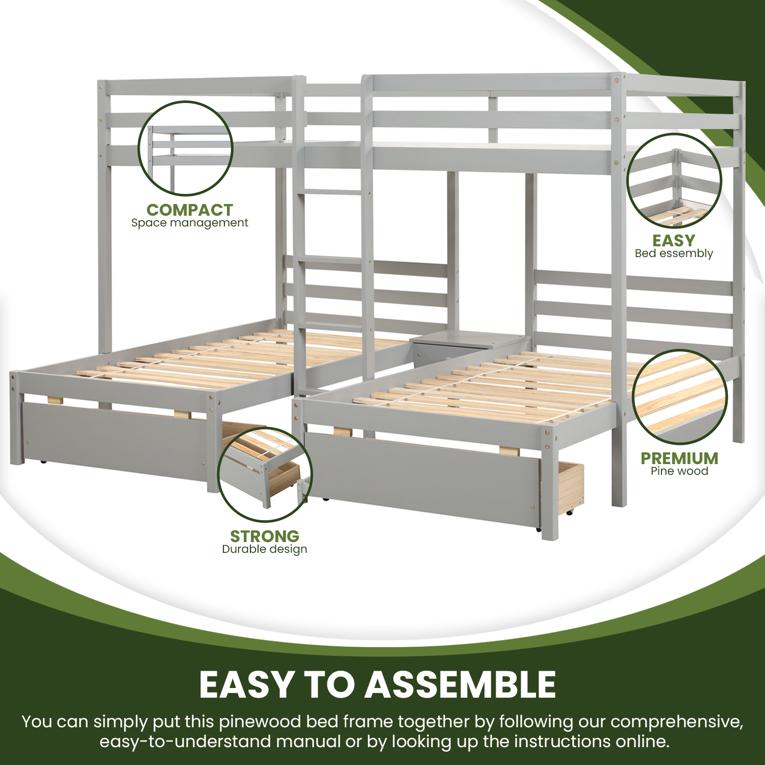Hanway Triple Full Bunk Bed with Storage Drawers - Convertible 3 in 1 Kids Bunk Bed with Full Over Twin & Twin, Designed for Children's Safety (Grey)