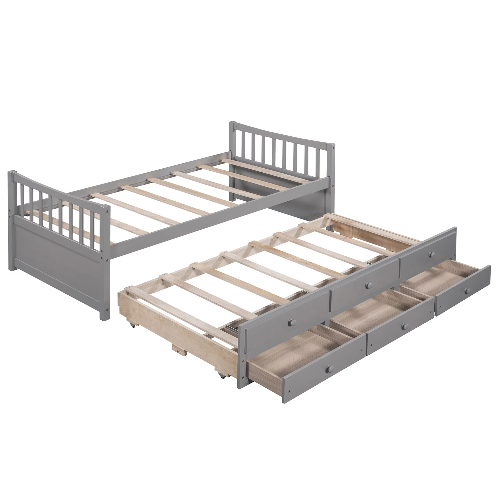 Kuurfuurdo Daybed with Trundle and Storage Drawers, Twin Size Solid Wood Platform Bed Frame，Gray