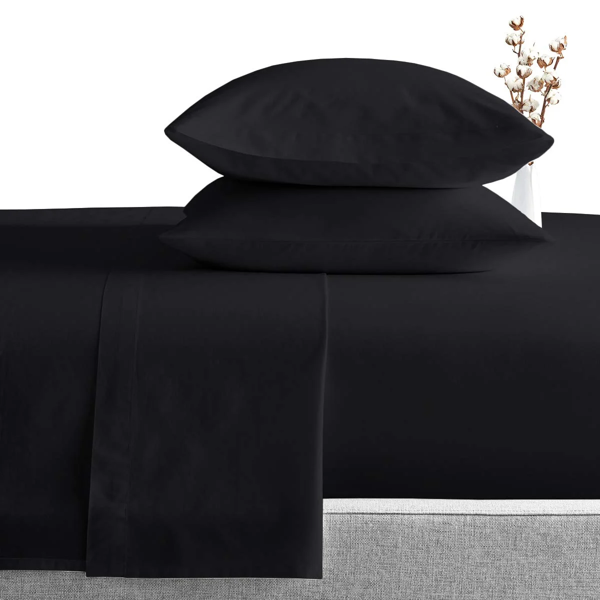 Sheet Set - 4 Piece 100% Egyptian Cotton, Luxury Soft and 600TC, Deep Pocket of 12 Inch Fitted Sheet, Long Staple & Comfy Sheets with Pillowcases - Black Solid, Twin Size.