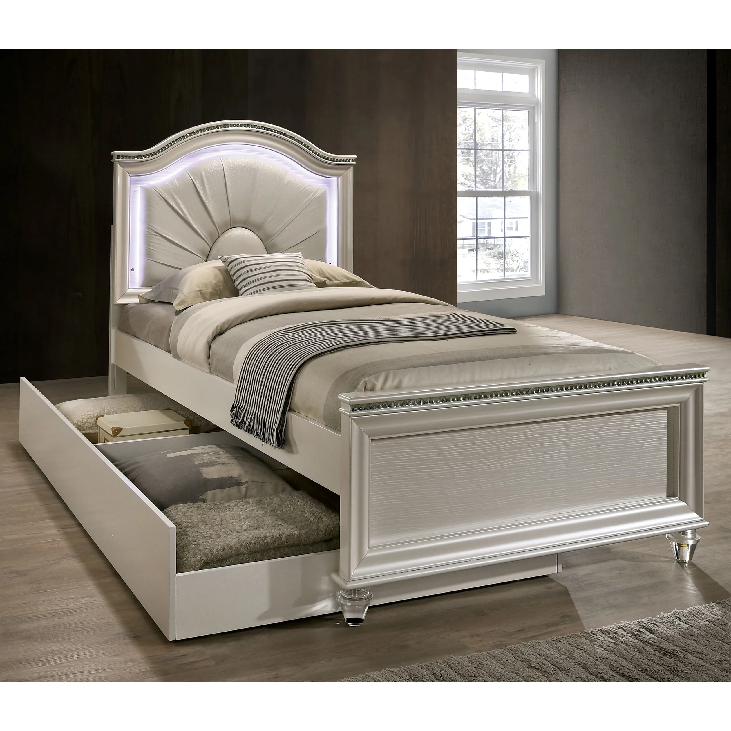 Furniture of America Ving Glam Wood LED Light Youth Panel Bed with Trundle by Rose Gold Twin