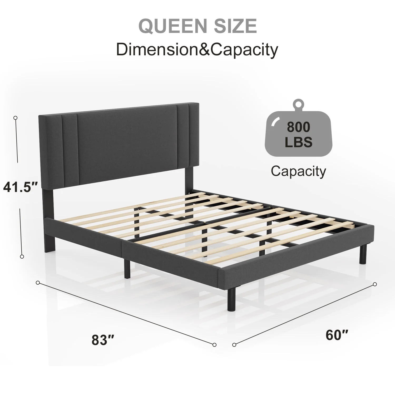 Queen Bed Frame,HAIIDE Queen Size Platform Bed Frame with Fabric Upholstered Headboard,No Box Spring Needed,Dark Grey