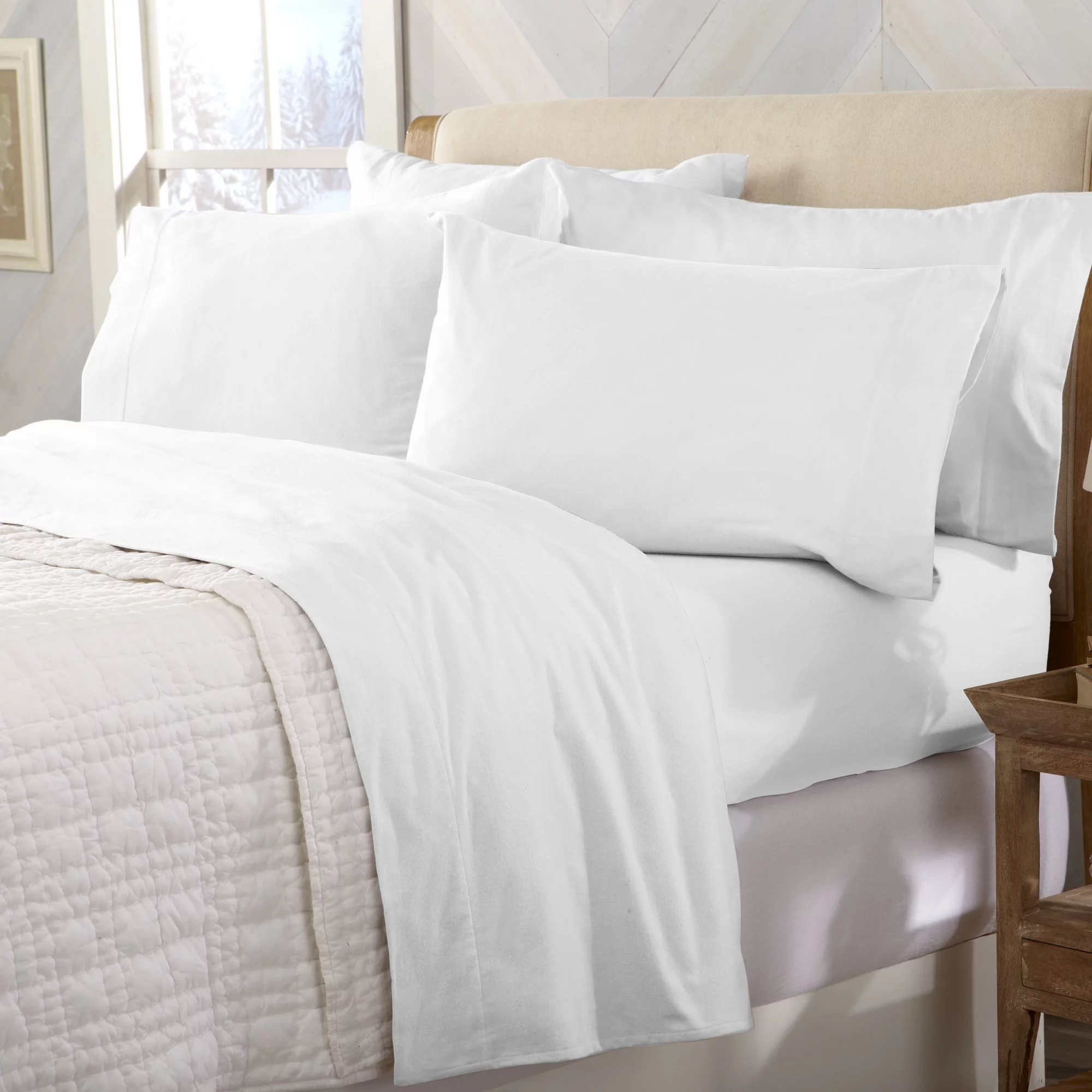 Great Bay Home Cotton Solid Flannel Sheet Set  (California King, Winter White)