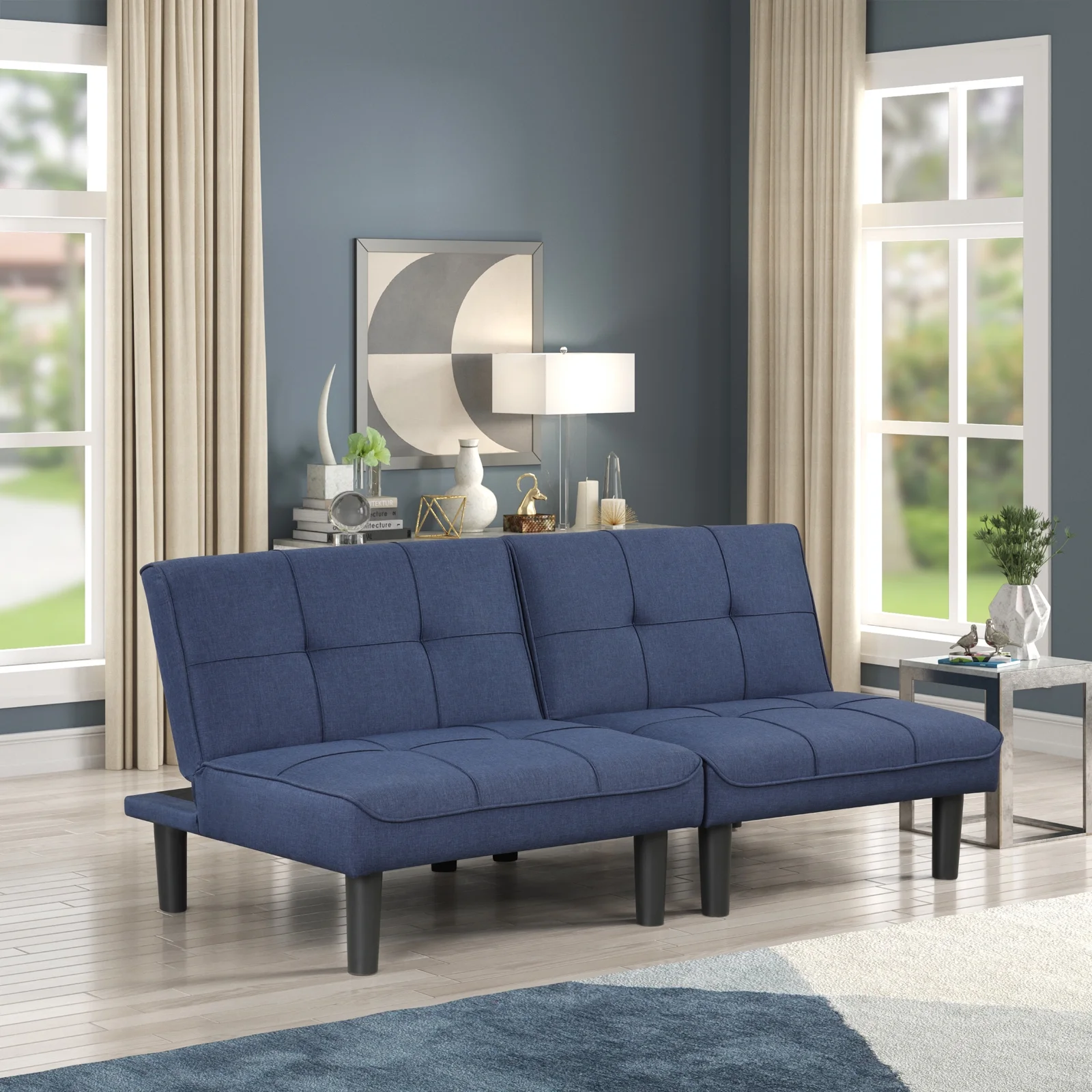 OUllUO 3-In-1 Convertible Futon Sofa Bed Twins, Loveseat Futon Couch Daybed with Folding Adjustable Backless, 2 Piece Small Futon Couch Chairs for Living Room, Dark Blue Fabric 306BL1-2Pcs