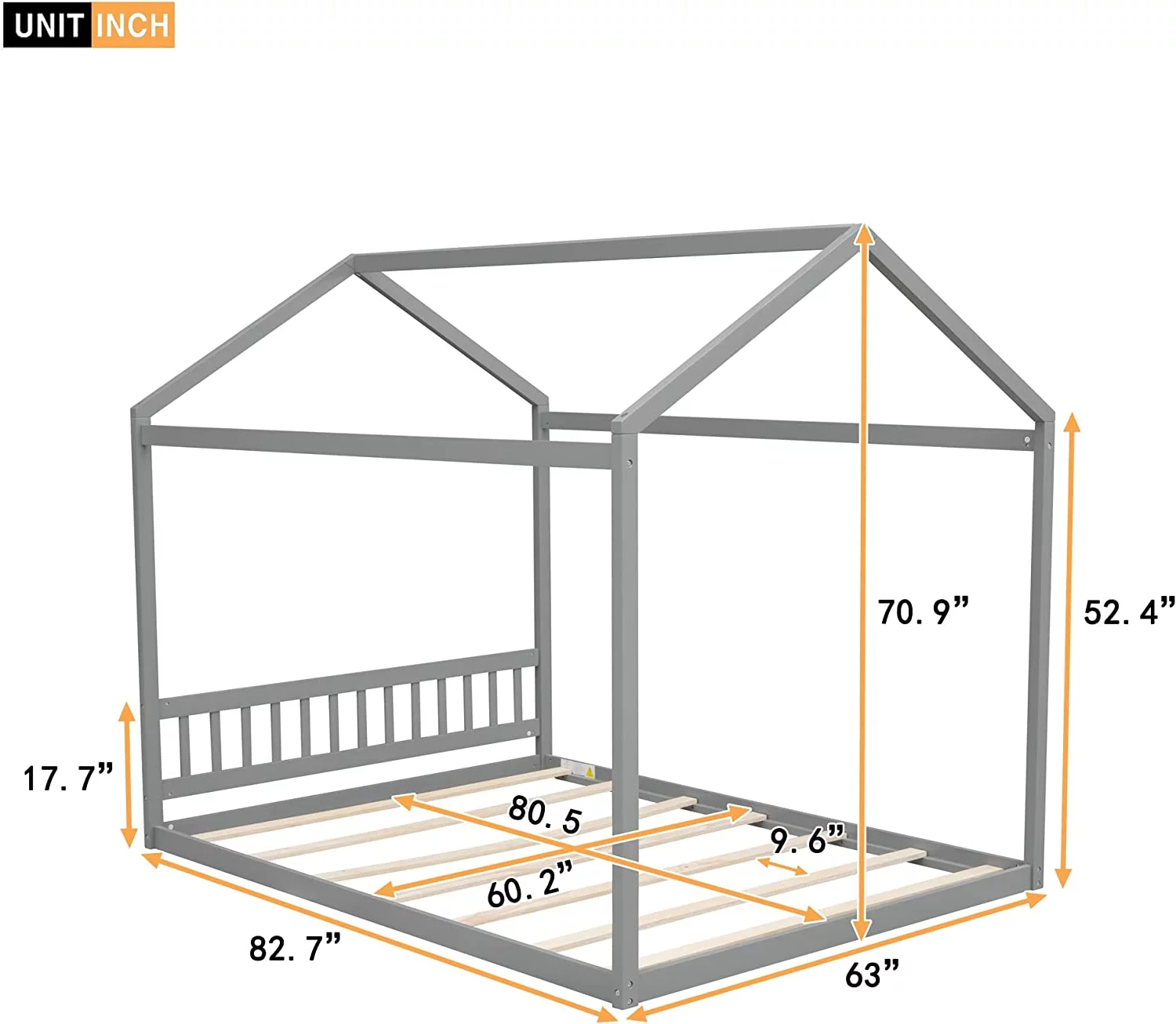 Queen Size Wooden House Bed with Headboard, No Box Spring Needed