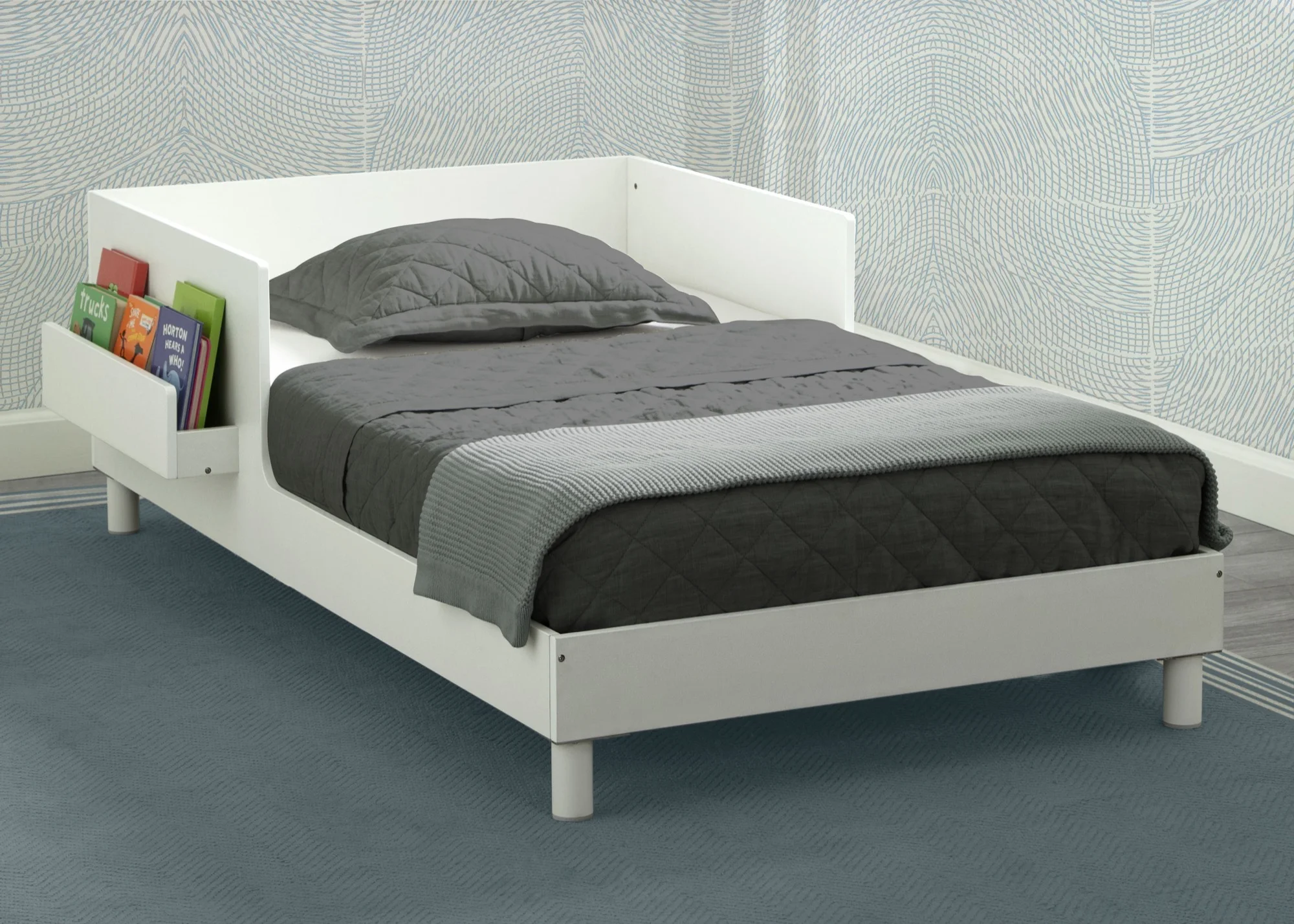 Delta Children Sleep N Store Toddler Bed with Interchangeable Shelf (Choose from Rainbow, Dinosaur or White Shelf), White