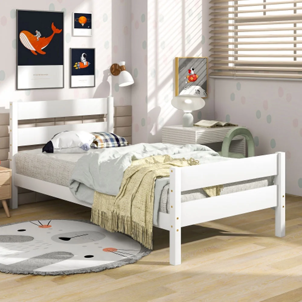 Twin Bed with Headboard and Footboard,White