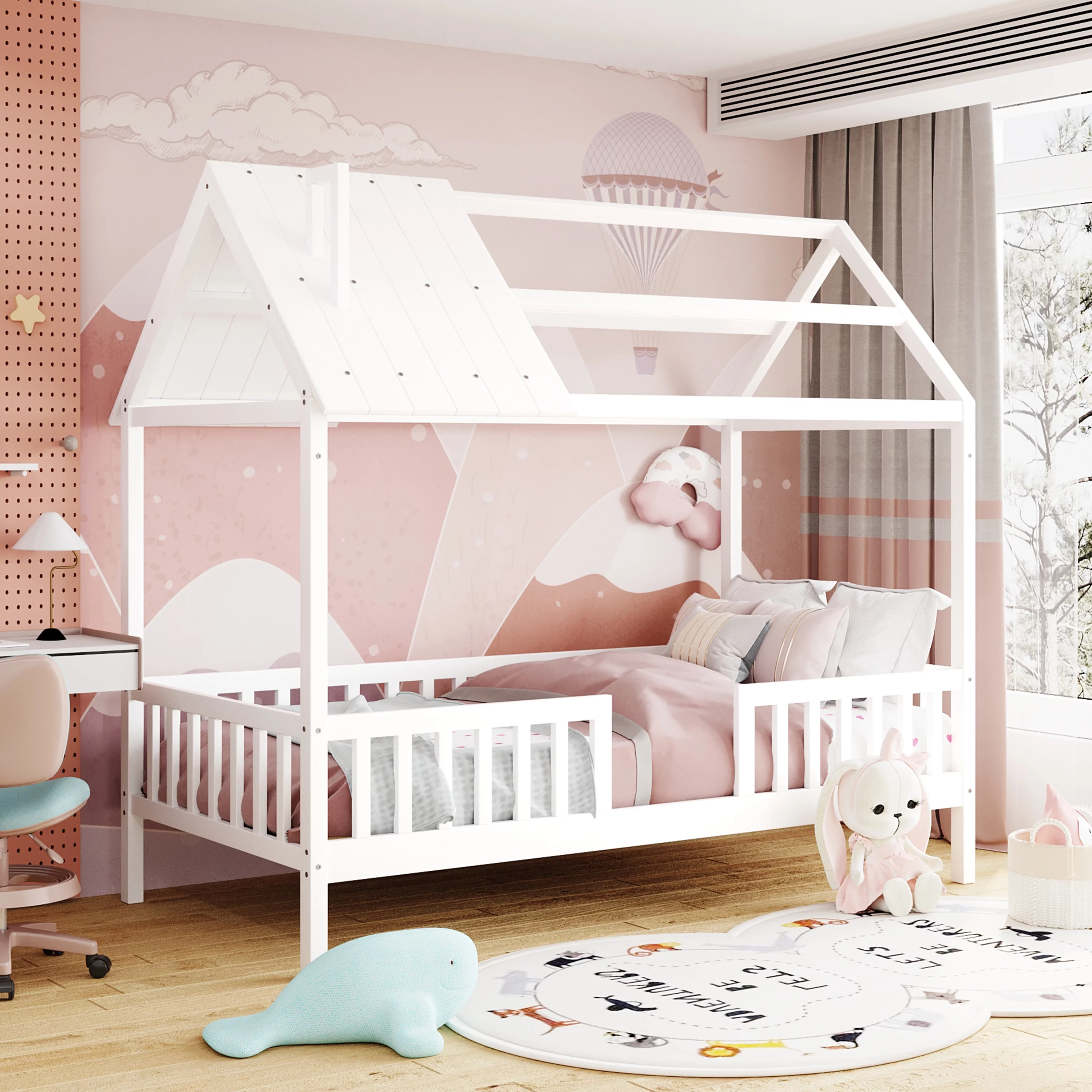 Wooden Tent Bed with Roof and Chimney Design for Toddlers, Twin Size House Beds with Fence for Kids, Wood Loft Bed Frame Bedroom Furniture for Girls Boys(White)