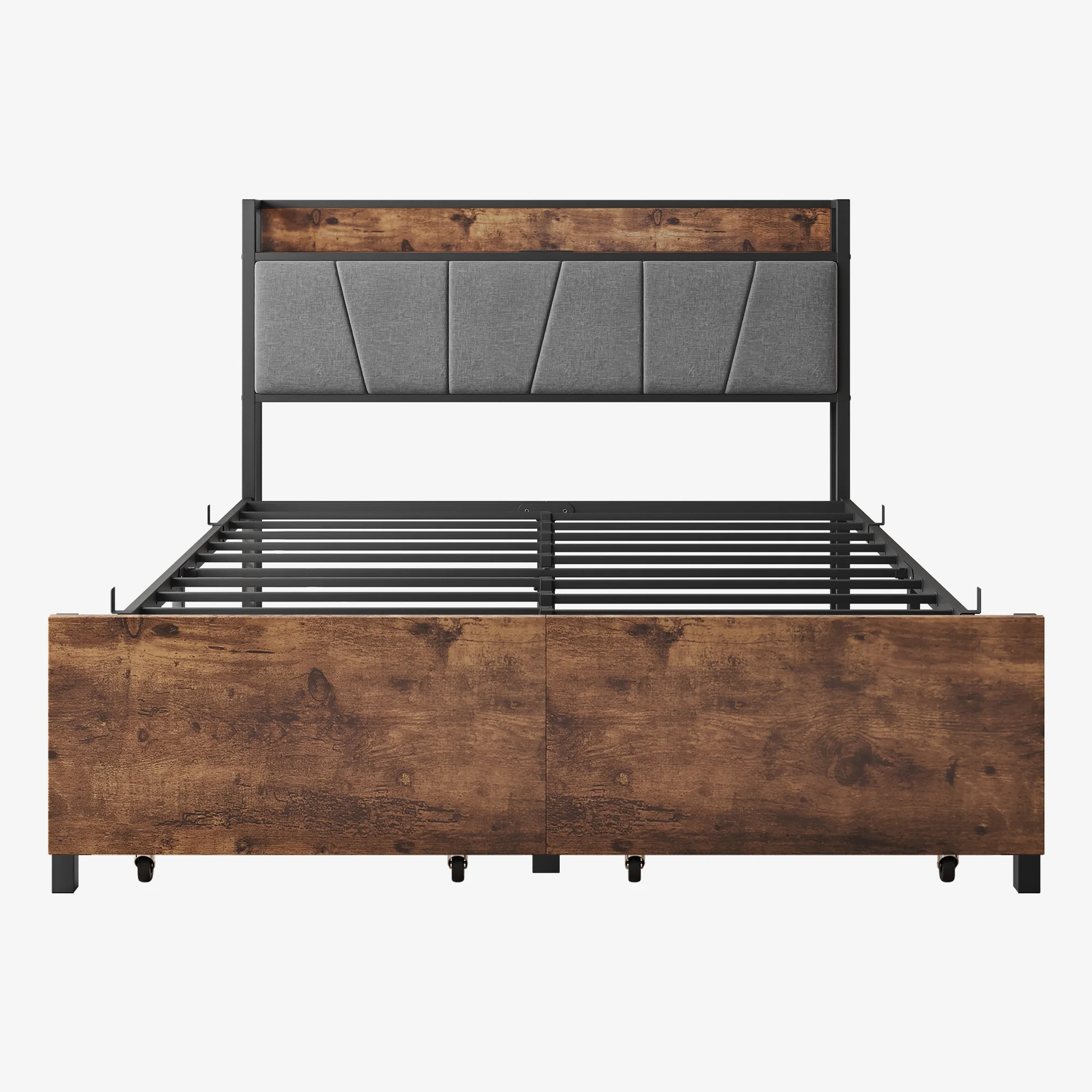 iRerts Metal Full Bed Frame with Storage Drawers, Full Size Platform Bed Frame with Storage Headboard, Charging Station, Full Size Bed Frame No Box Spring Needed for Bedroom, Brown/Black