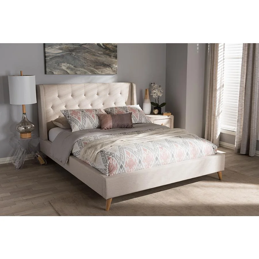Baxton Studio Adelaide Retro Modern Light Beige Fabric Upholstered Queen Size Platform Bed