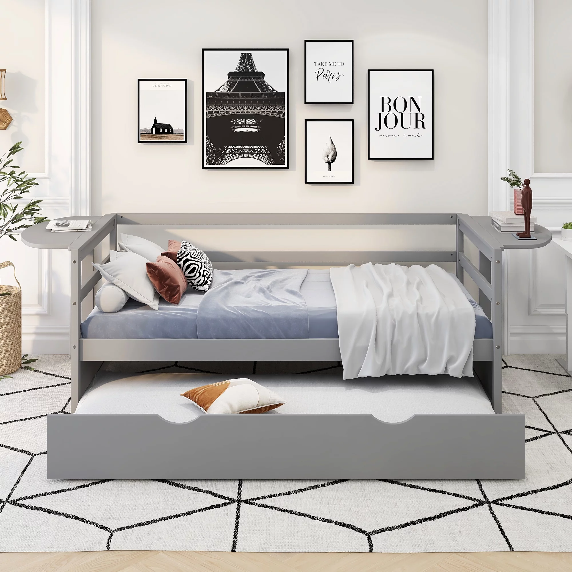 Euroco Pine Wood Twin Size Daybed with Trundle and Foldable Tables, Gray