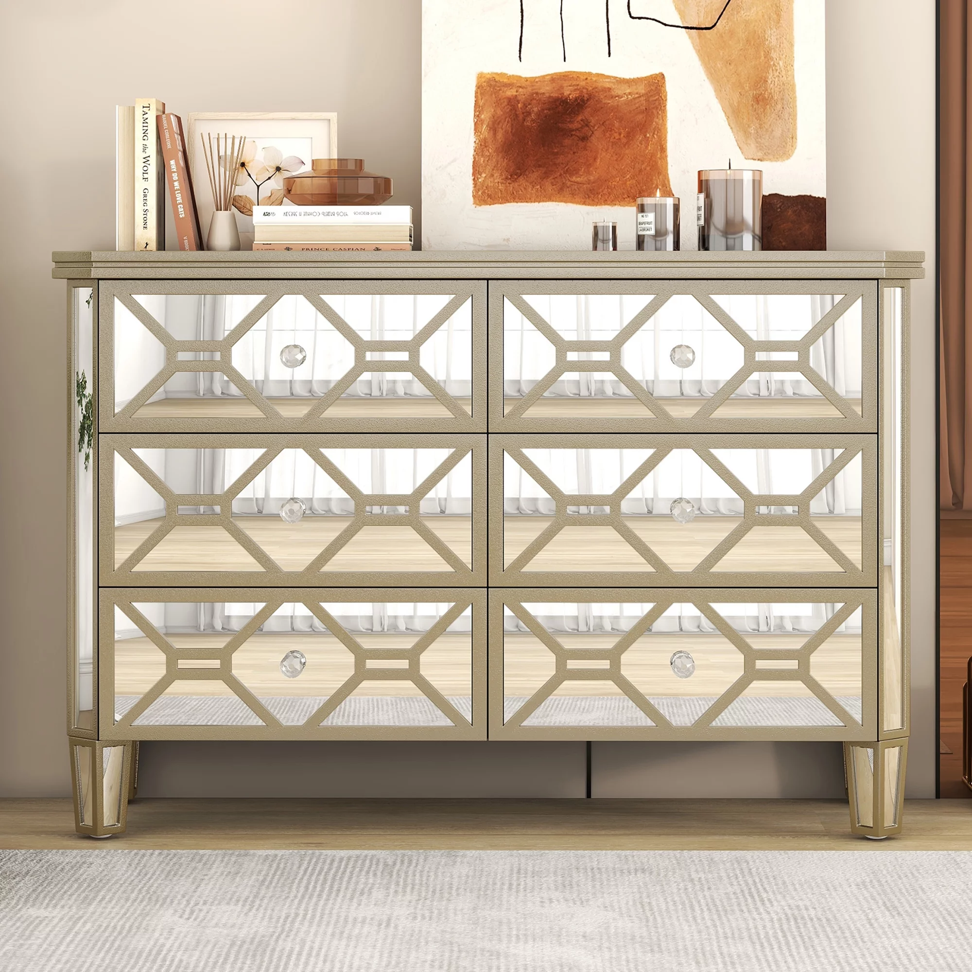 Elegant Mirrored 6-Drawer Dresser with Golden Lines for Living Room, Bedroom