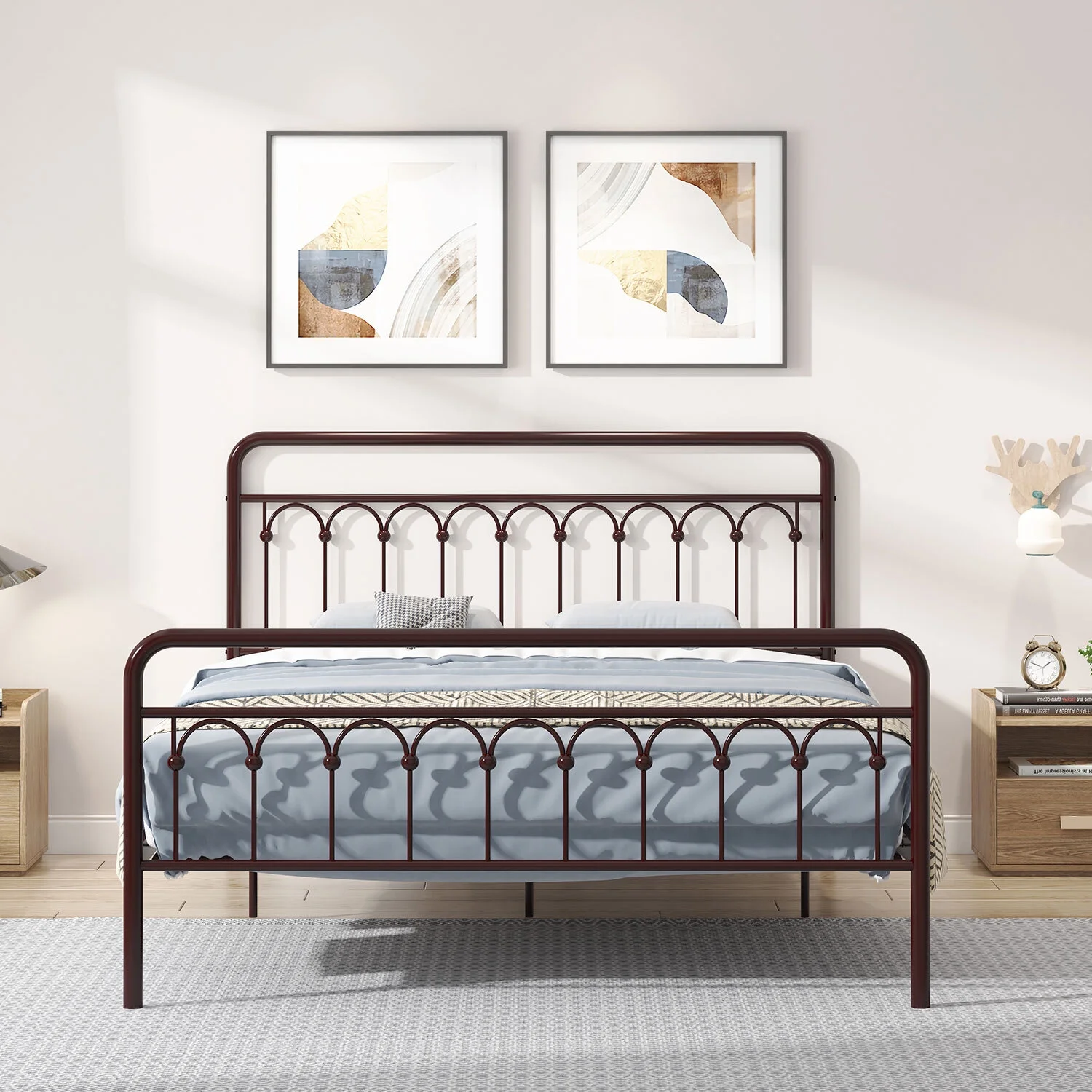 Oufan Queen Size Metal Platform Bed Frame with Headboard and Footboard, Brown