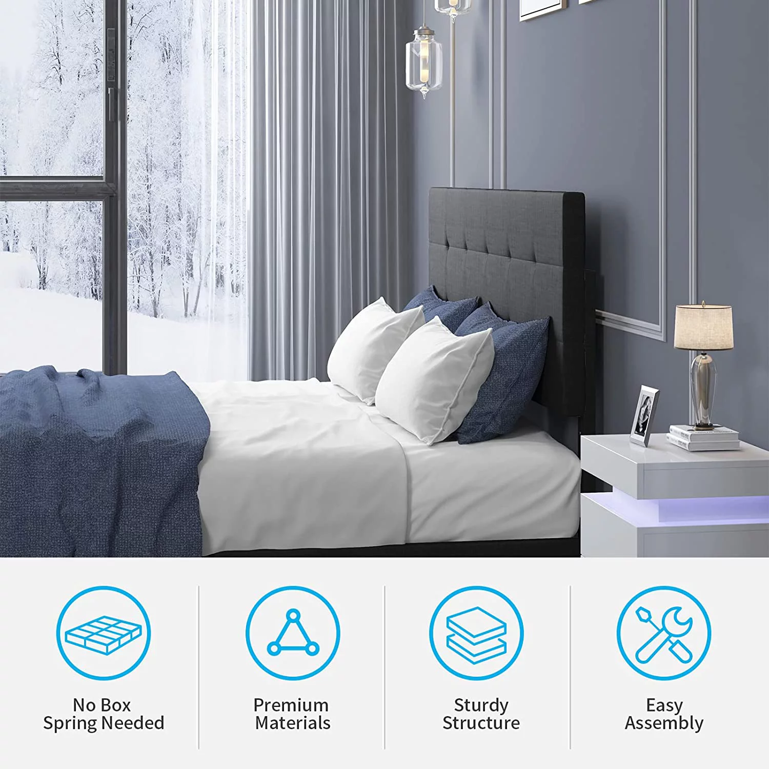 Mjkone Bed Frame Queen Size, Bed Frame with with Smart LED Strip Light, RGB LED Light Controlled by Alexa or APP, Simple AssemblyNo Box Spring Needed/No Mattress (Queen, Black)