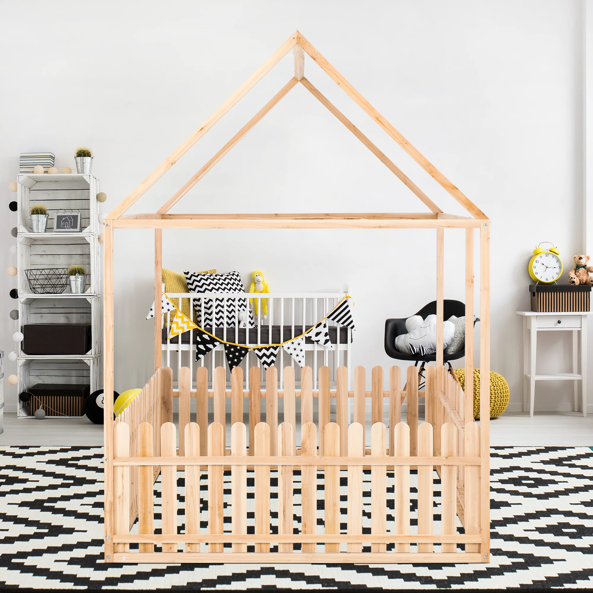 LANTRO JS full size single floor bed frame, children's room bed with roof and fence, wooden room bed, floor bed, single bed for children, teenagers, girls and boys