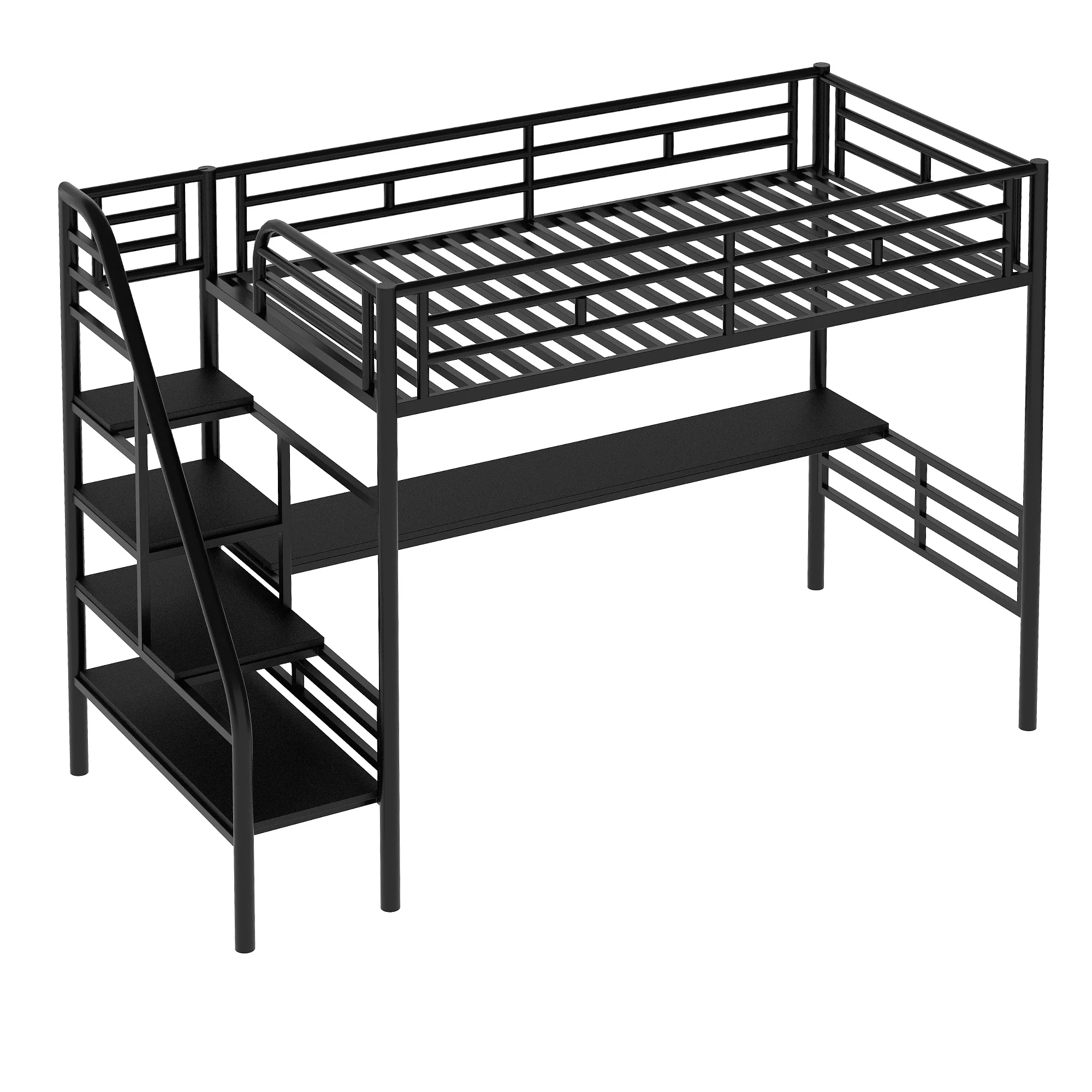 LANTRO JS Metal Loft Bed Frame with Desk, No Box Spring Needed, Twin, Black