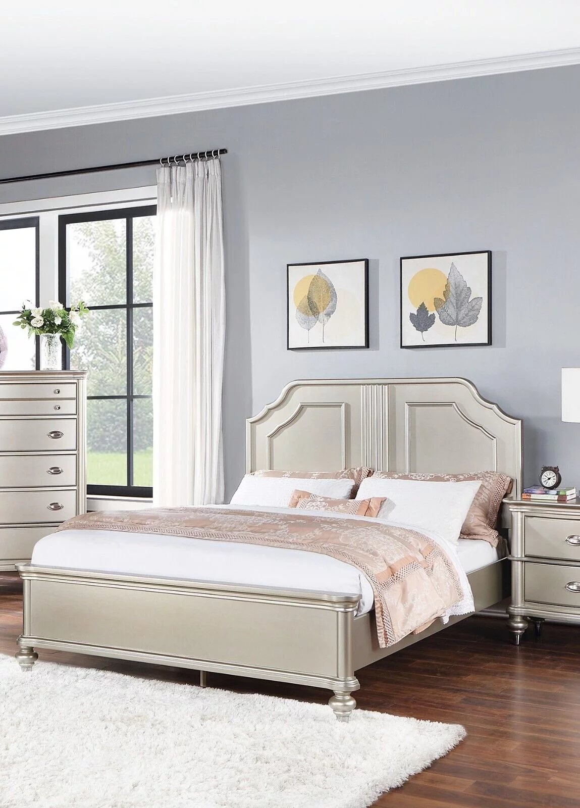 Classic Silver Finish Eastern king Size Bed 1pc Bedframe Bedroom Furniture 2-Panel Design Elegant Carved Accents