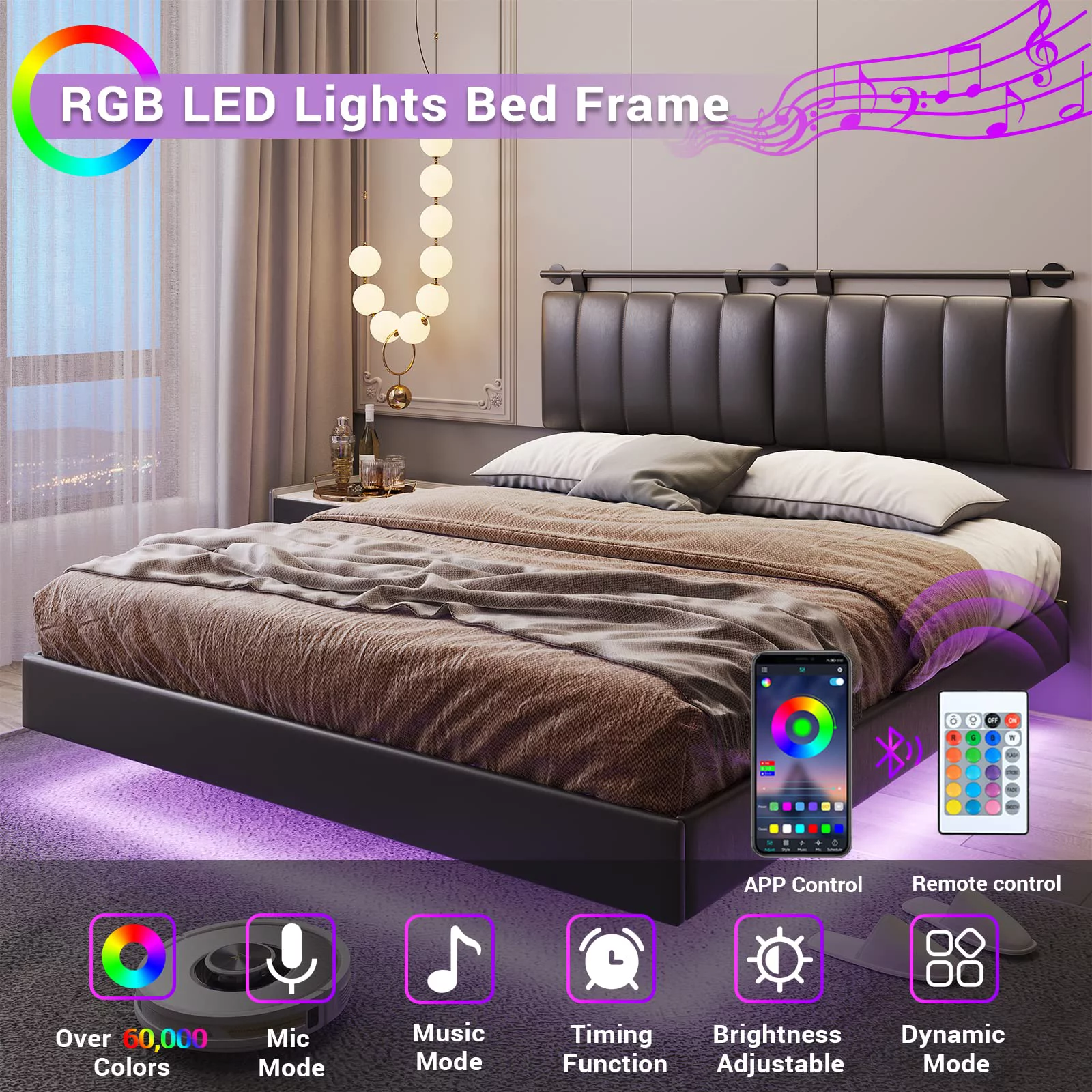 ADORNEVE Queen Floating Bed Frame with LED Lights and Wall Mounted Headboard, Modern Faux Leather Upholstered Platform Bed Frame, No Box Spring Needed, Black