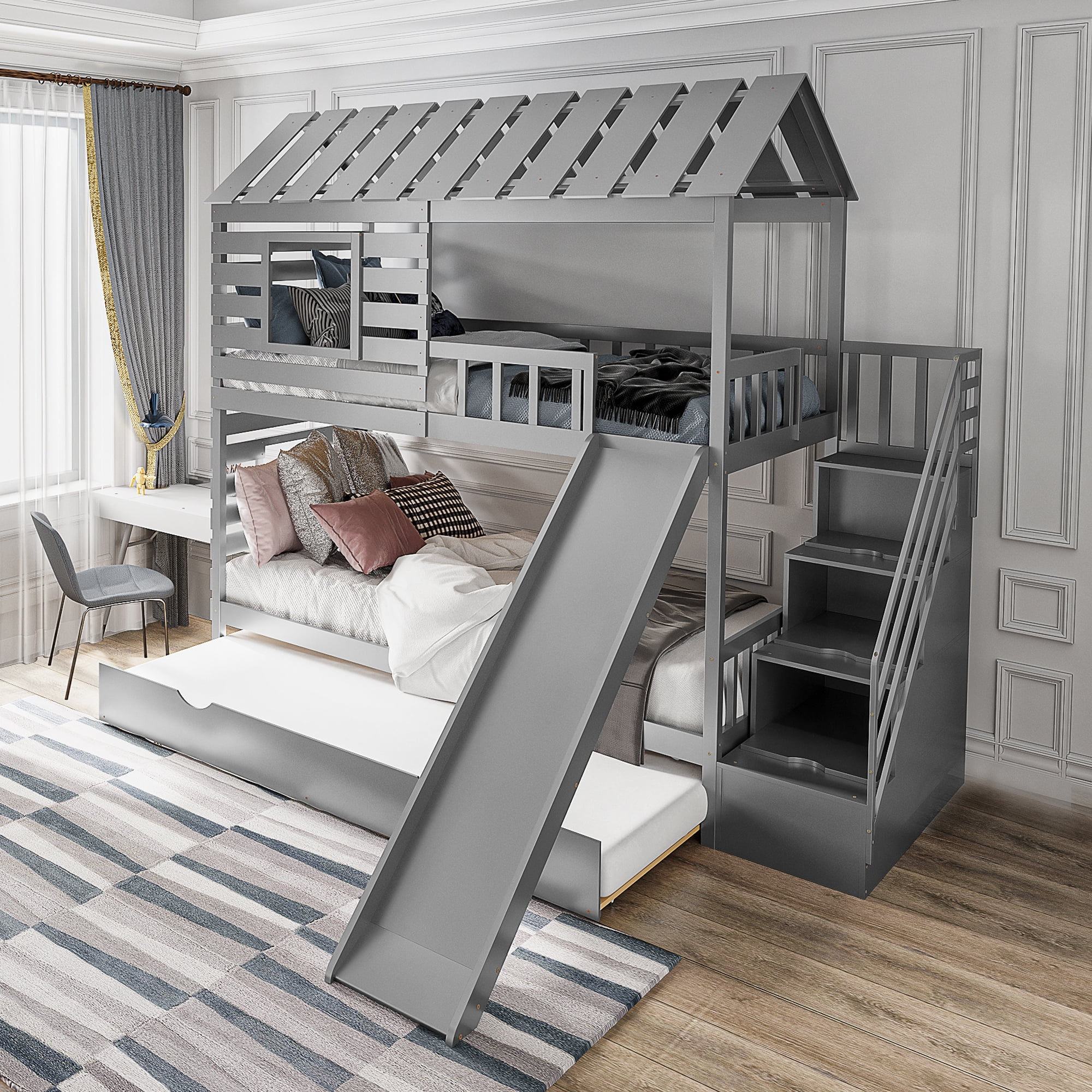 EUROCO Twin over Twin House Bunk Bed with Trundle and Staircase for Bedroom, Gray