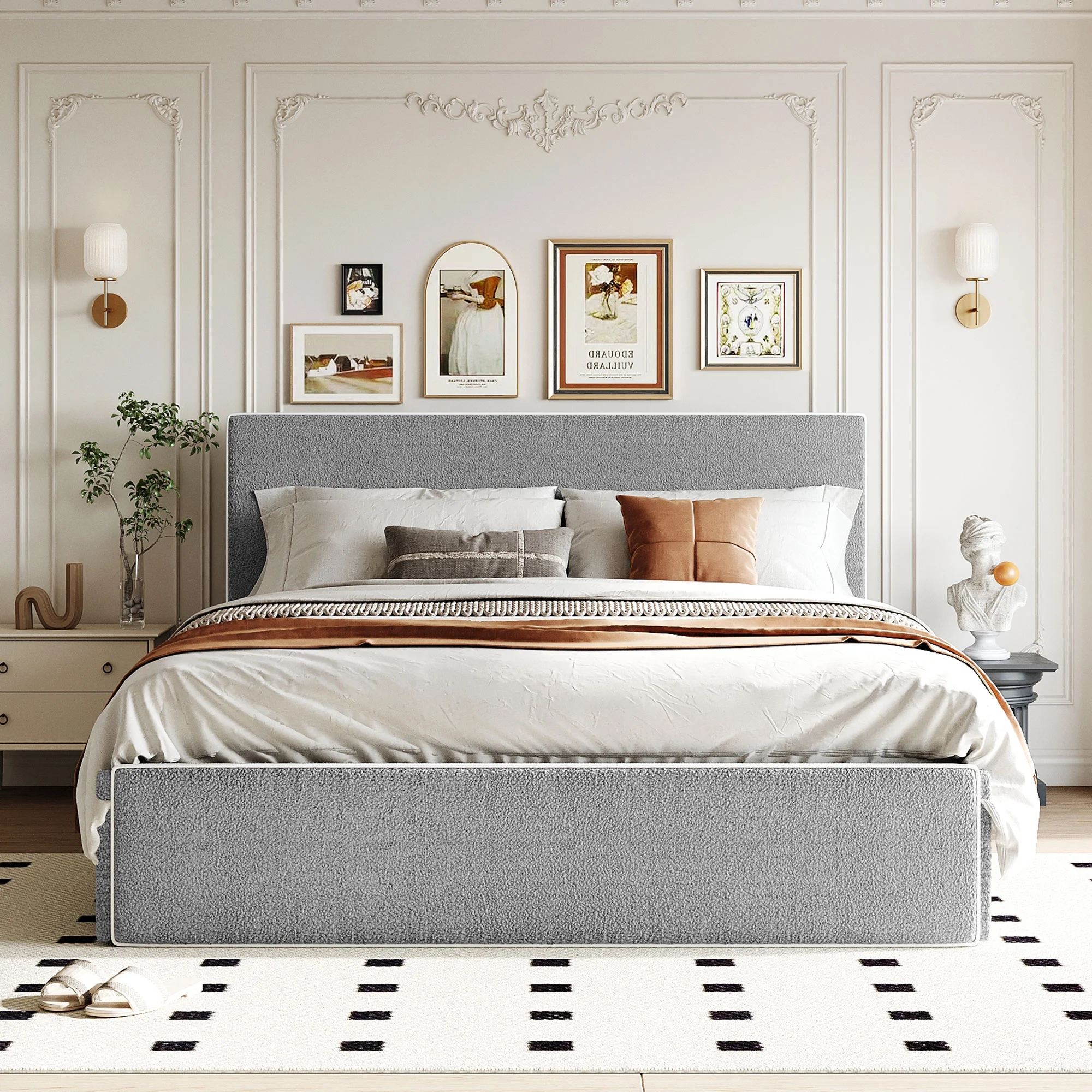 CoSoTower Queen Size Upholstered Platform Bed with 4 Drawers and White Edge on The Headboard & Footboard, Gray