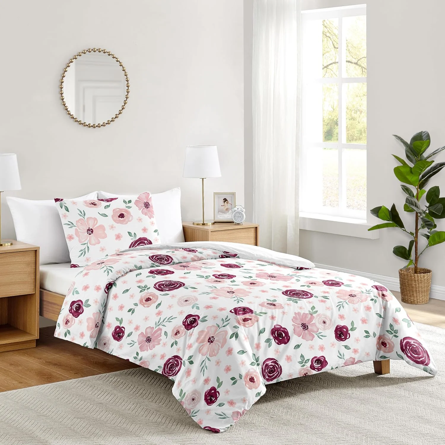 WAGEE Burgundy Watercolor Floral Girl Twin Bedding Comforter Set Kids Childrens Size - 4 Pieces - Blush Pink, Maroon, Wine, Rose, Green and White Shabby Chic Flower Farmhouse