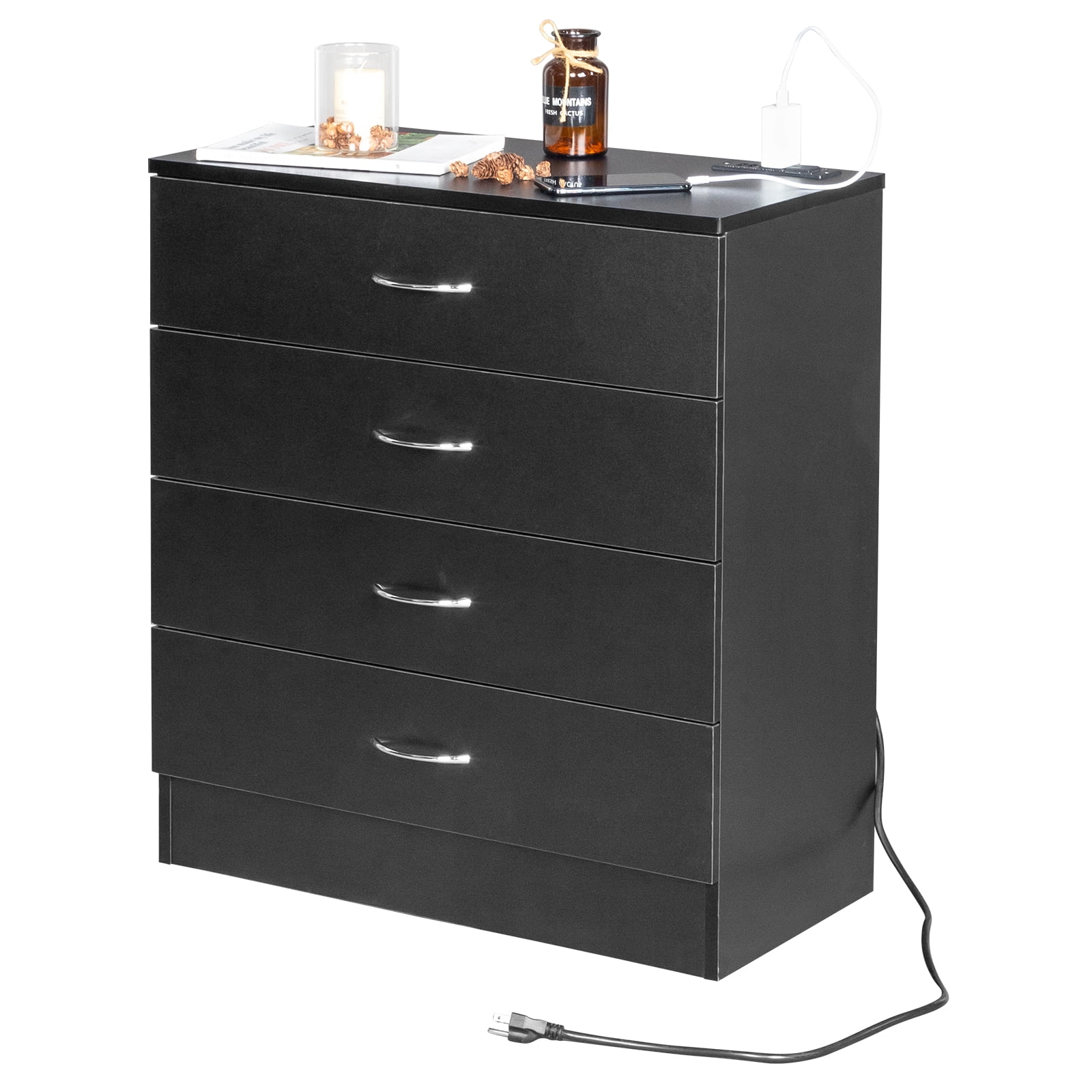 UBesGoo Dresser with 2 Power Outlets & 2 USB, Chest of 4 Drawers, Vanity dresser with charging station, for Bedroom Living Room, Black