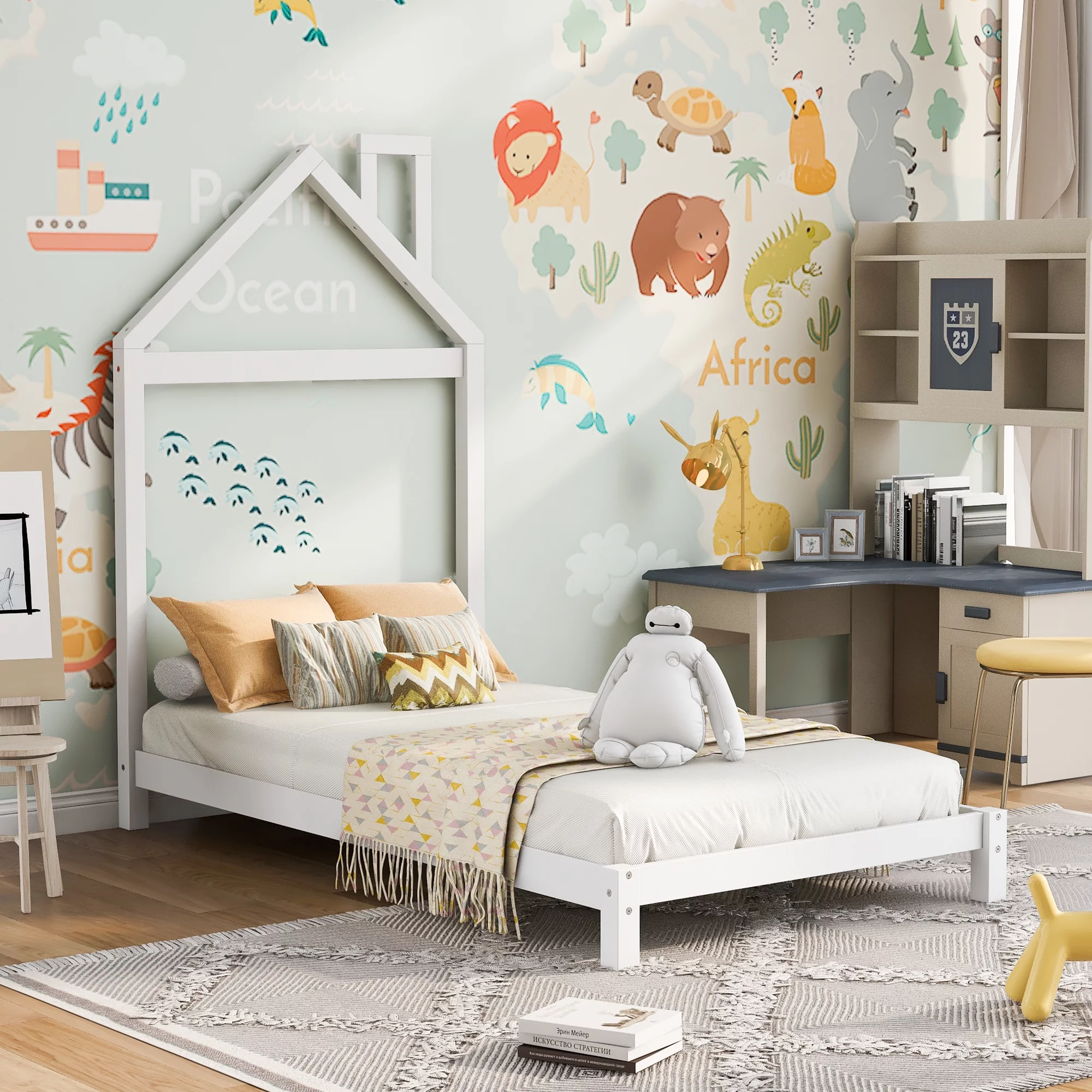 iRerts Wood Twin Platform Bed, Twin Size Bed Frame for Kids Toddlers Boys Girls, Twin Bed Frame with House Shaped Headboard, Twin Size Bed Frame No Box Spring Needed for Bedroom, White