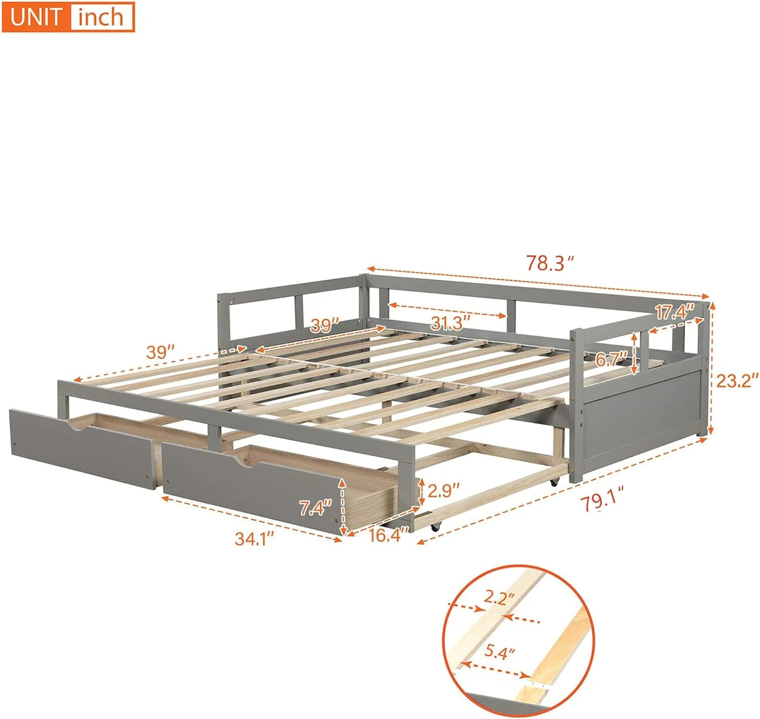 Daybed With Trundle And Drawers, To King Design Sofa Bed,Wooden Extendable Bed Daybed For Bedroom Living Room, Gray