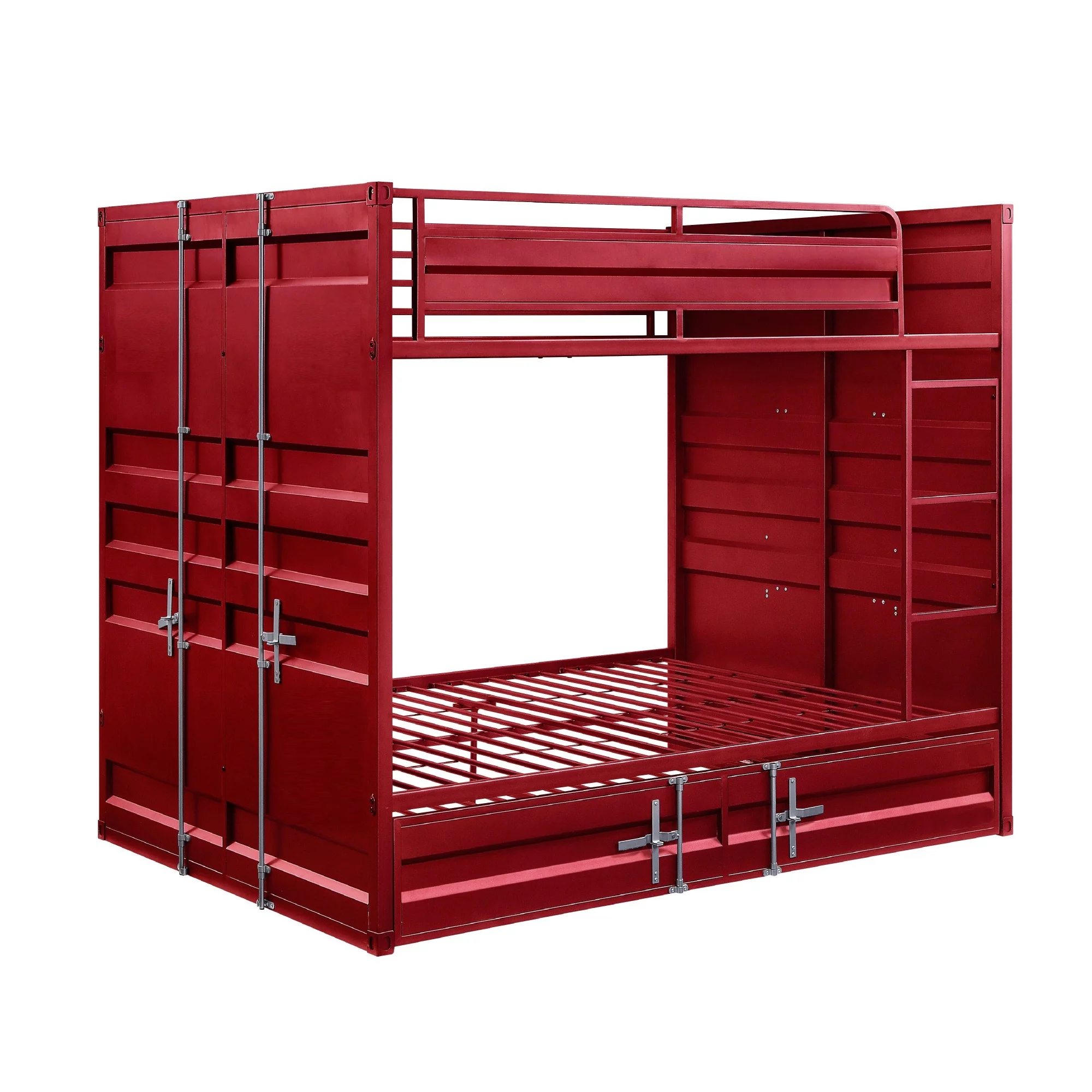 Industrial Style Full Size Bunk Bed with Recessed Panel Design, Red