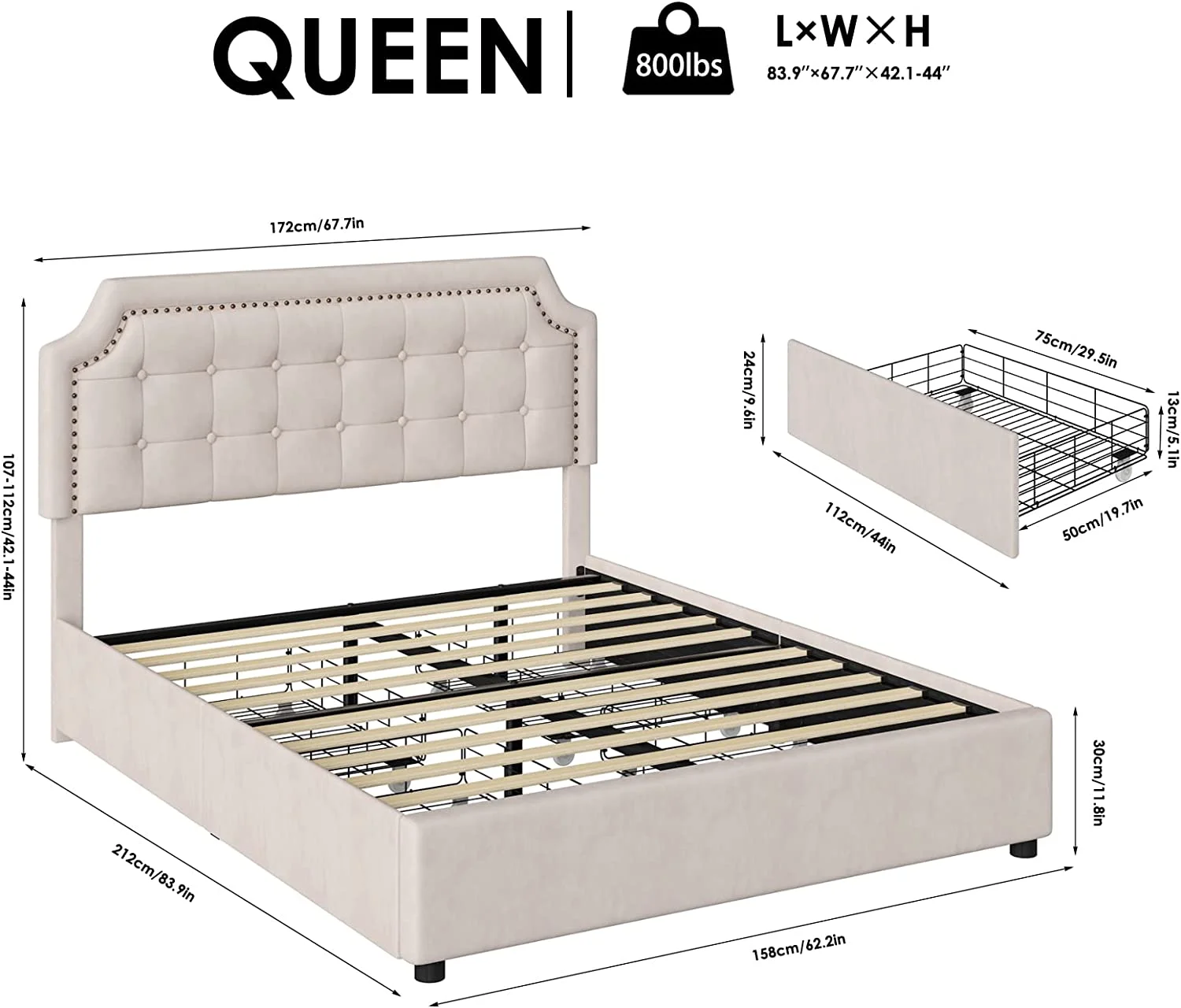 Keyluv Upholstered Queen Platform Bed Frame with 4 Drawers and Curved Button Tufted Headboard with Nailhead Trim  Mattress Foundation with Solid Wooden Slats Support  No Box Spring Needed