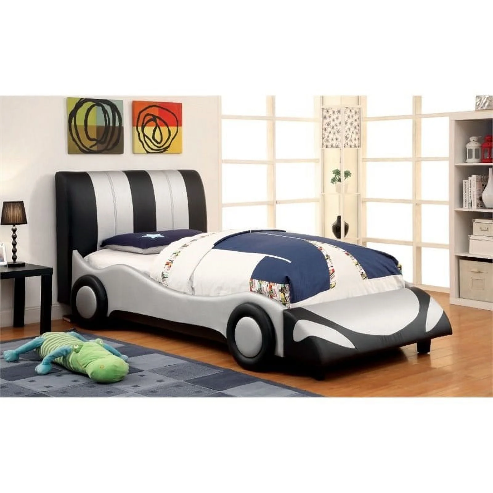 Roseberry Kids Contemporary Faux Leather Full Race Car Bed in Silver