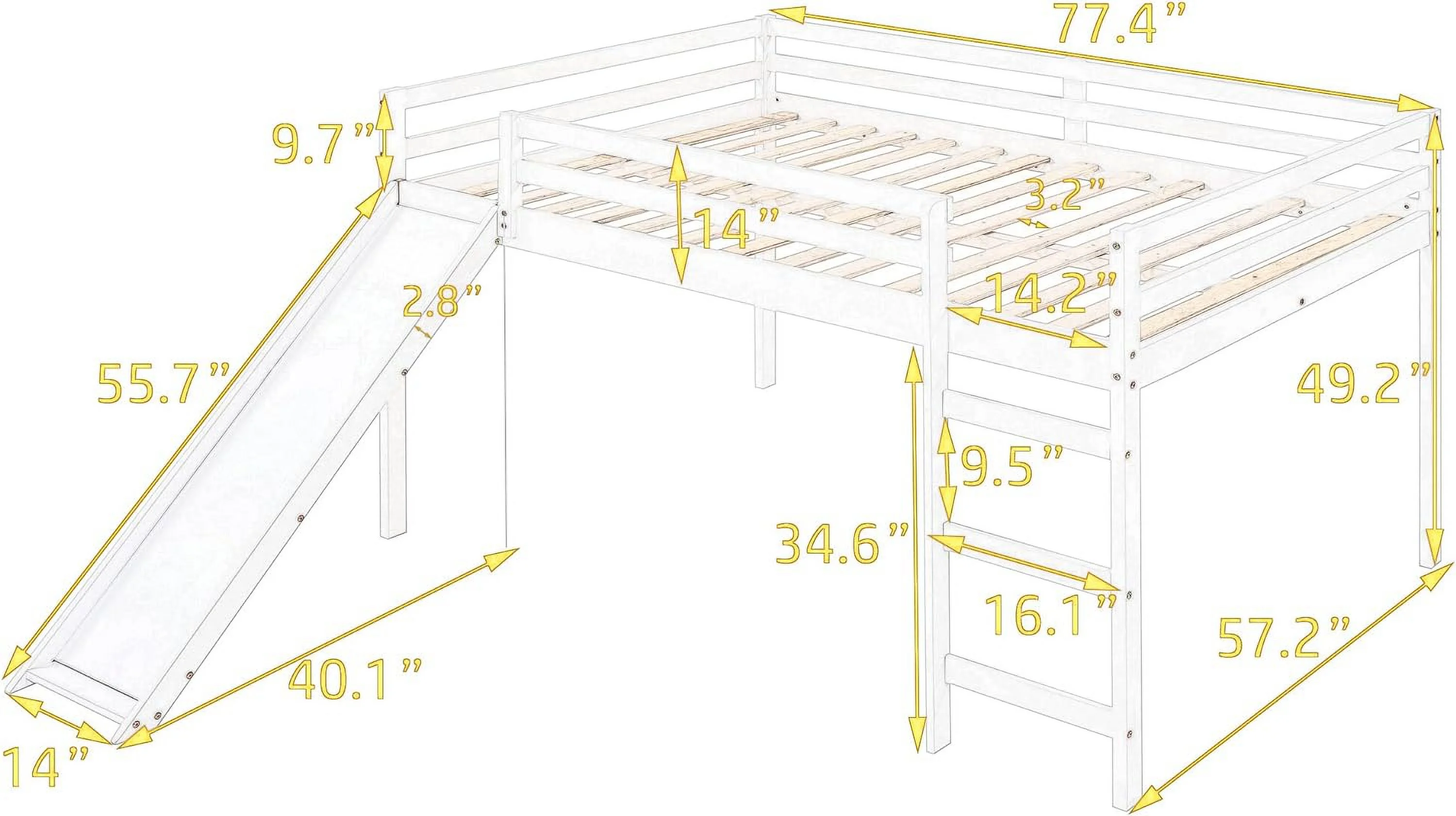 Full Lof Bed Wih Slide, Solid Wood Low Lof Bed Frame For Kids Girls Boys (Full Size, Espresso)