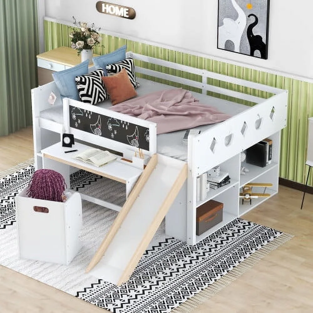 Wood Full Size Loft Bed with Slide, 4 Cabinets, Blackboard, Desk and Chair, White