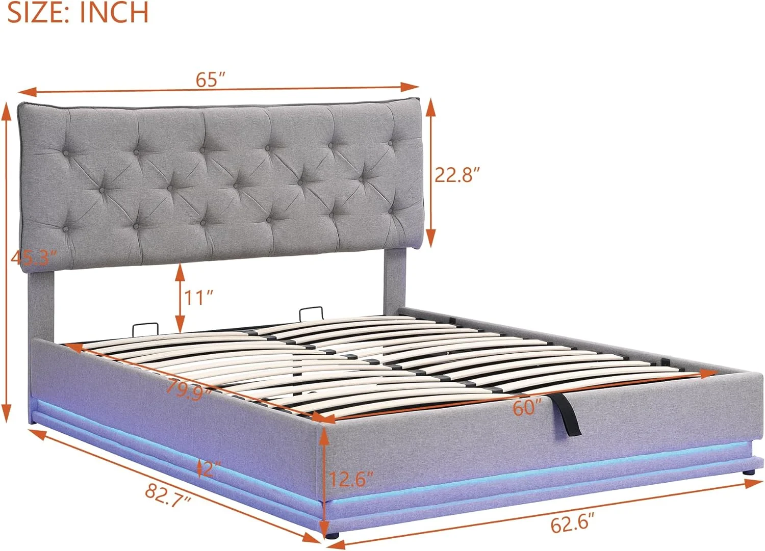 Upholsered Quee Beds Gas Lif Up Sorage Plaform Bed Frame Wih ufed Headboard Ad LED Ligh Woode Sla Suppor Ad Uder Bed Sorage, Grey